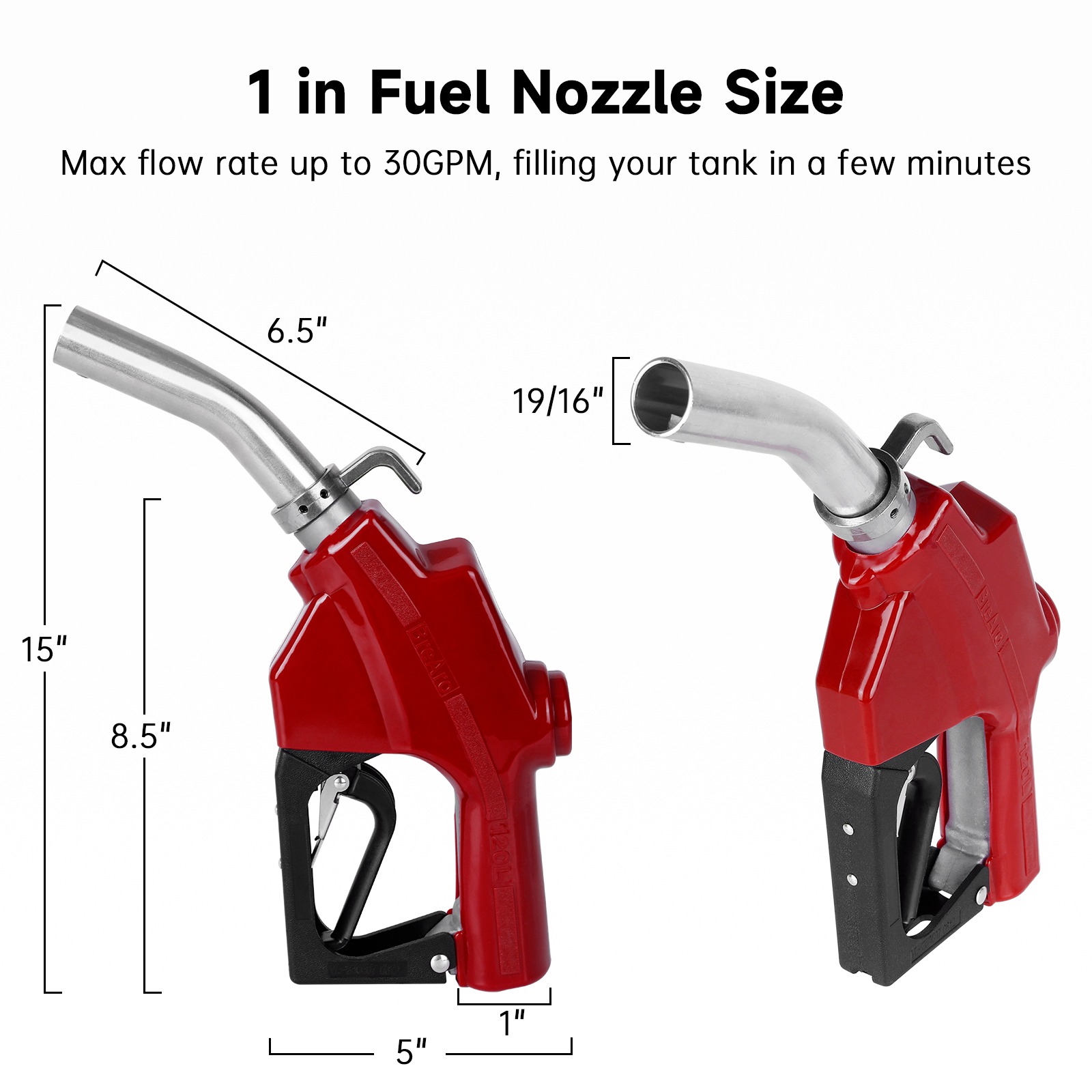 BreAro red 1-inch automatic fuel nozzle size chart showing front and side views, 15-inch overall height, 6.5-inch spout, 1-3/16-inch outlet and up to 30 GPM flow.