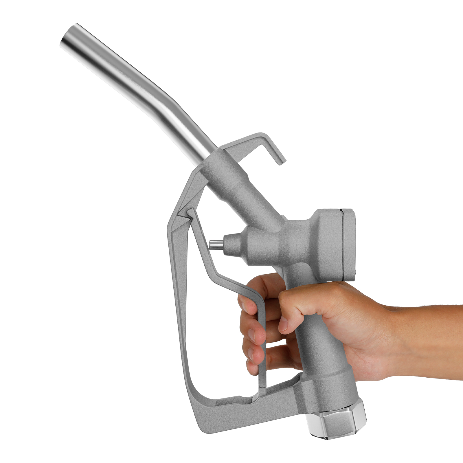 Silver 3/4"-15/16" manual fuel nozzle with a lightweight aluminum body, ergonomic handle, and durable metal spout, designed for efficient refueling of gasoline, diesel, and kerosene in various applications.