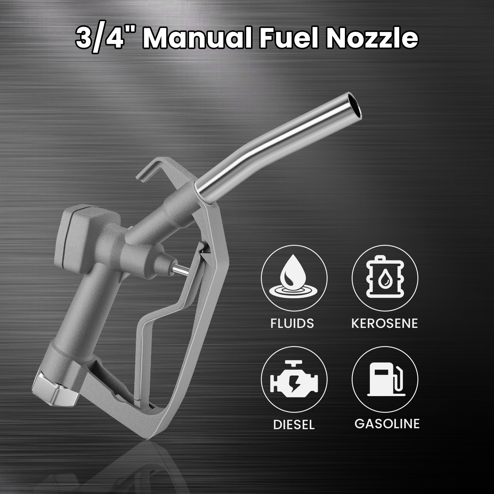 3/4" manual fuel nozzle in silver, designed for fluids like kerosene, diesel, and gasoline. Durable aluminum alloy construction ensures efficient fueling, featuring an ergonomic handle for easy operation.  