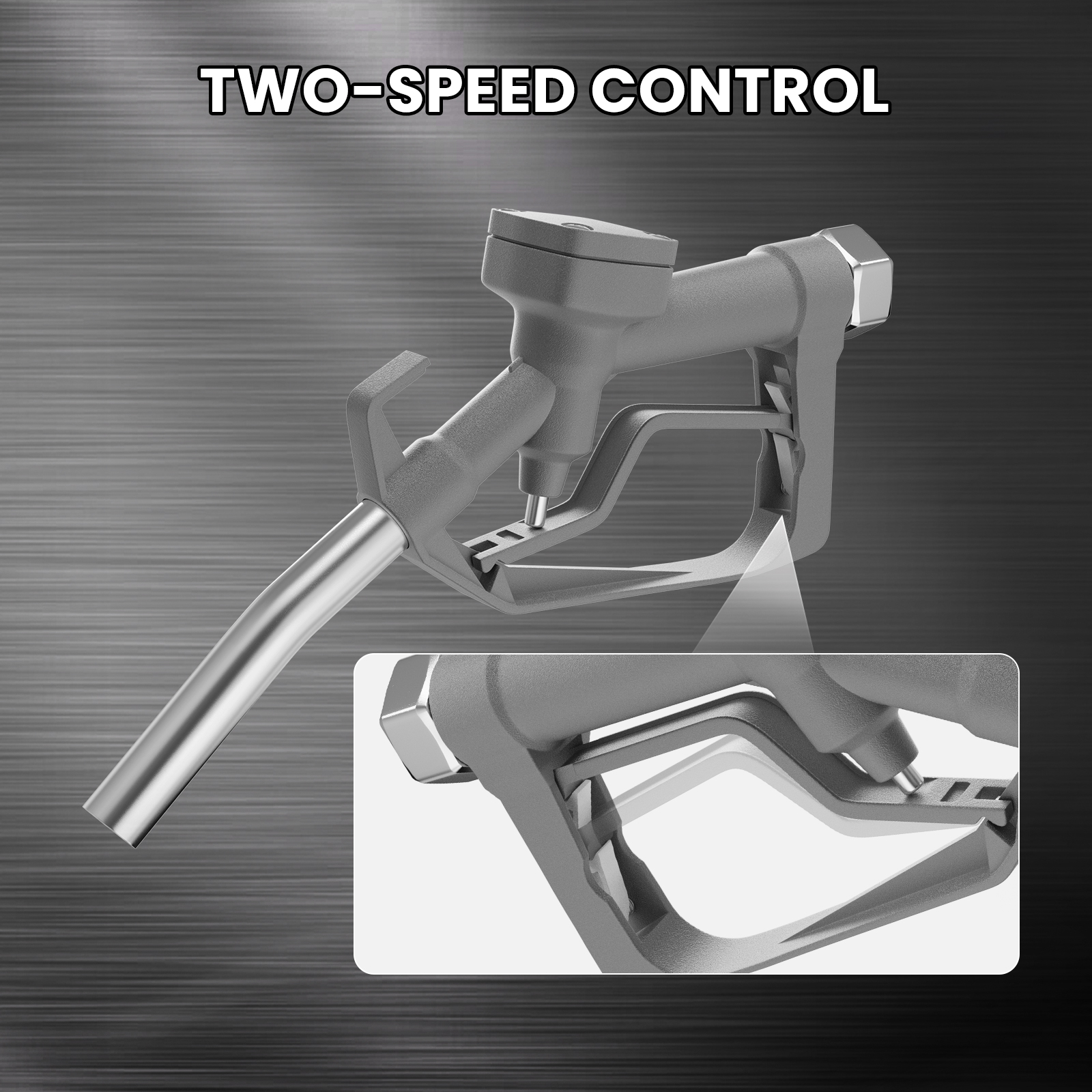 Silver manual fuel nozzle with a two-speed control lever, highlighting adjustable flow options for precise fueling. Durable aluminum alloy design ensures reliability for gasoline, diesel, and kerosene applications.