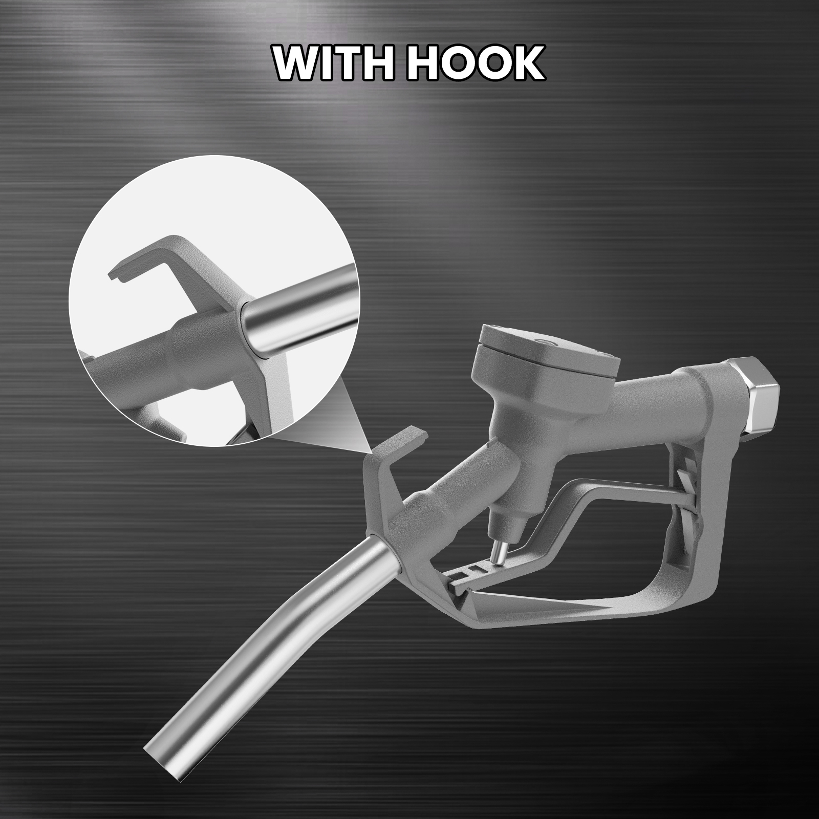 Silver manual fuel nozzle with a built-in hook for easy hanging. Durable aluminum alloy construction ensures reliable performance, suitable for gasoline, diesel, and kerosene fueling applications.