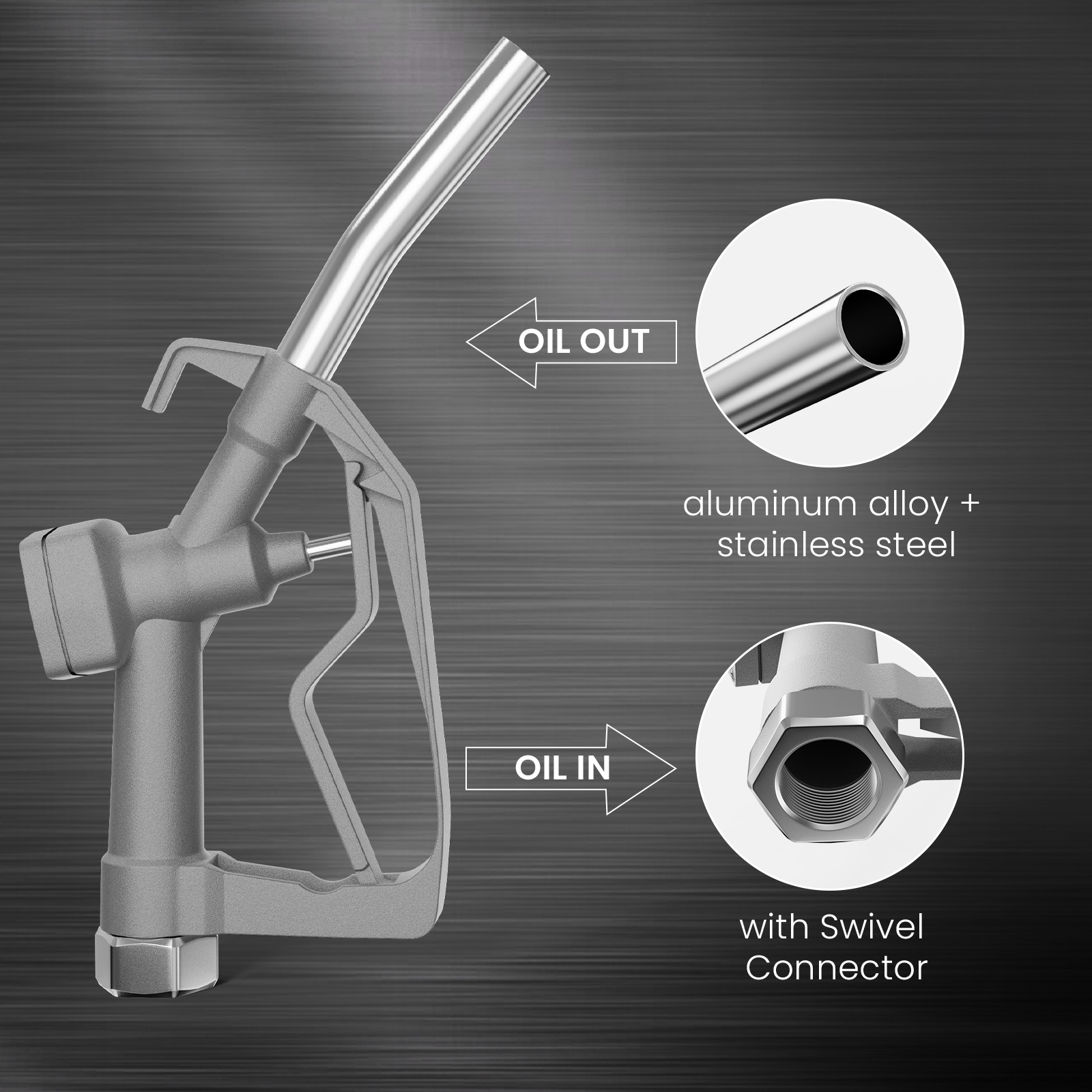 Silver manual fuel nozzle with aluminum alloy and stainless steel construction, showing "Oil In" with swivel connector and "Oil Out" spout. Designed for durability and efficient fuel transfer.