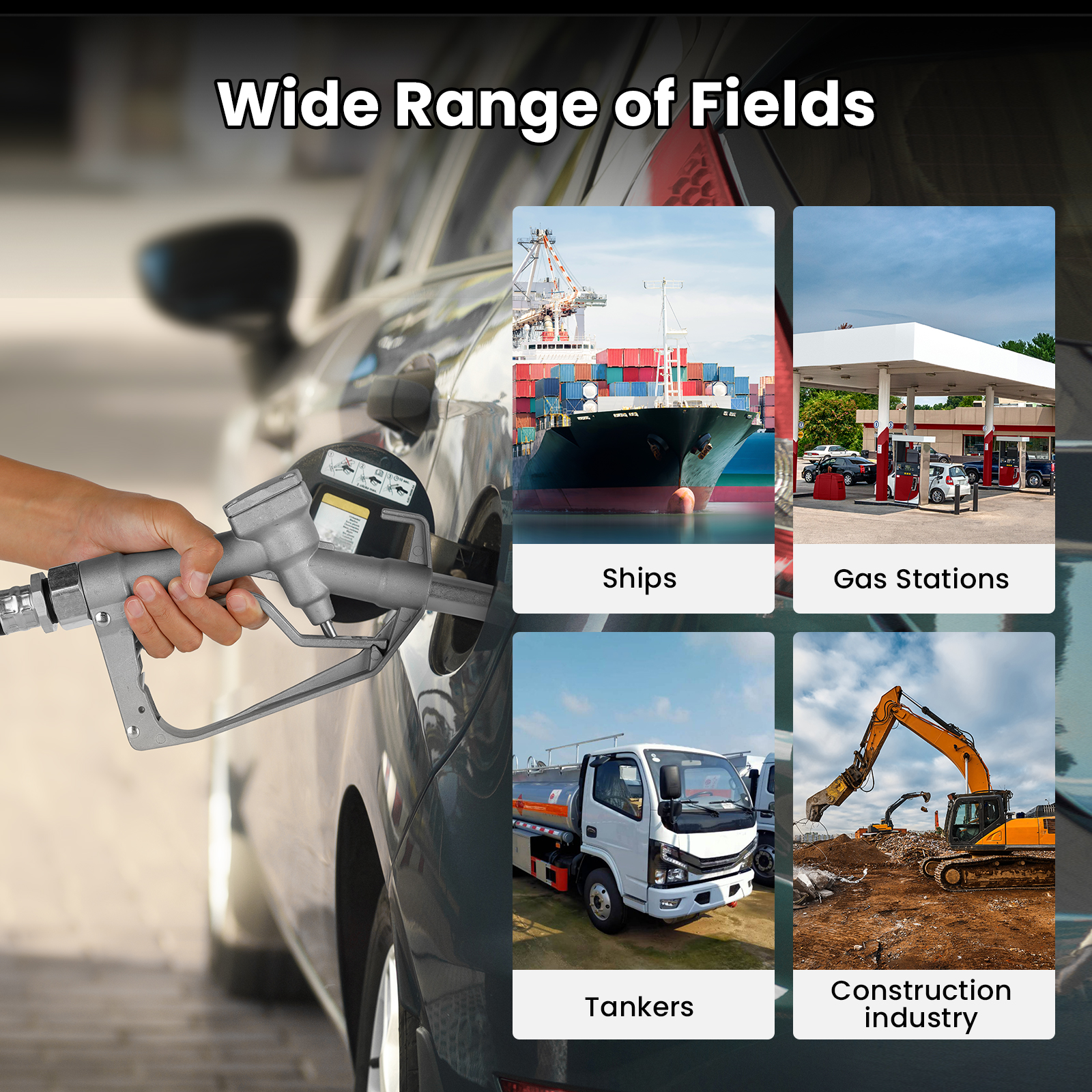 Silver manual fuel nozzle refueling a car, highlighting wide applications including ships, gas stations, tankers, and the construction industry. Suitable for gasoline, diesel, and kerosene fueling needs.