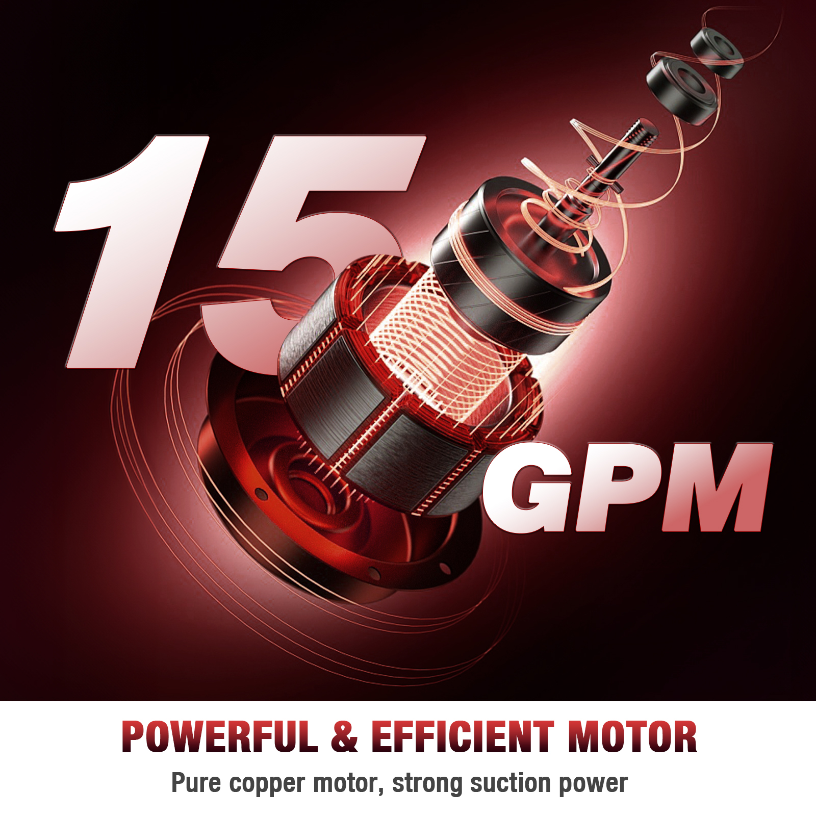Illustration of the BreAro 15 GPM fuel transfer pump motor, highlighting its internal copper components and advanced engineering. The image emphasizes "Powerful & Efficient Motor" with a strong suction power and a pure copper build, ensuring high performance and durability. Designed for optimal fuel transfer, it combines efficiency with reliability for demanding applications.