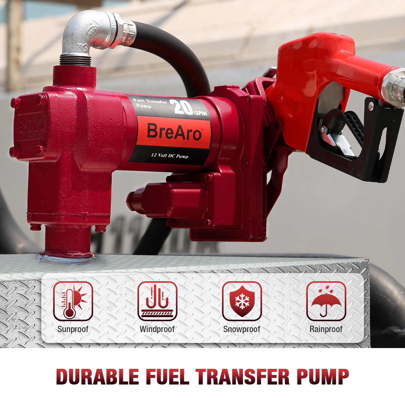 BreAro 20 GPM 12V fuel transfer pump with automatic nozzle showcased on a durable, textured platform. Designed for all-weather use, it is sunproof, windproof, snowproof, and rainproof, making it ideal for outdoor industrial and commercial applications. The pump features a sturdy cast iron body for long-lasting performance and reliable fuel transfer.
