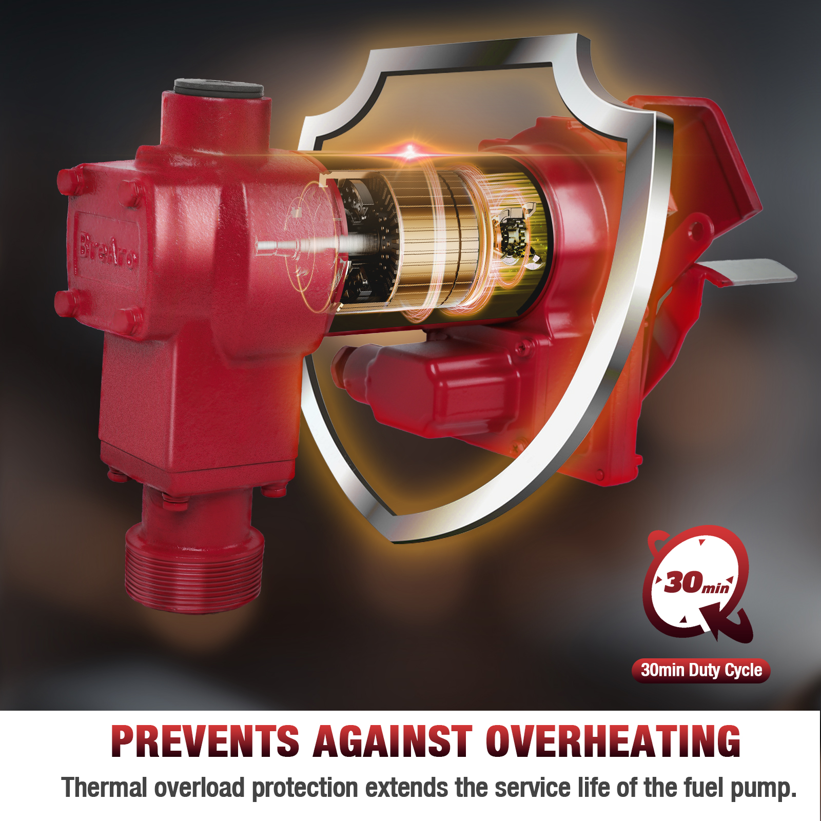Close-up of the BreAro 20 GPM 12V fuel transfer pump, highlighting its internal motor protected by a durable thermal overload shield. This innovative design prevents overheating and extends the pump's lifespan, ensuring reliable operation even during prolonged use. Features a 30-minute duty cycle, ideal for heavy-duty industrial and commercial fuel transfer needs.