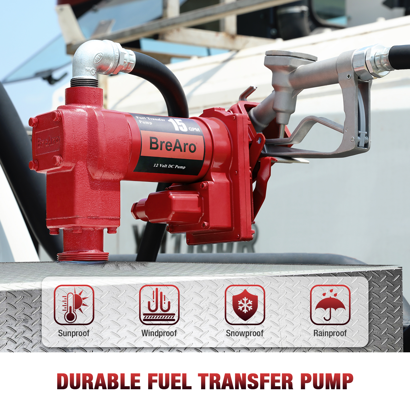 BreAro 15 GPM 12V fuel transfer pump with a manual nozzle, featuring durable construction and weatherproof capabilities including sunproof, windproof, snowproof, and rainproof protection.