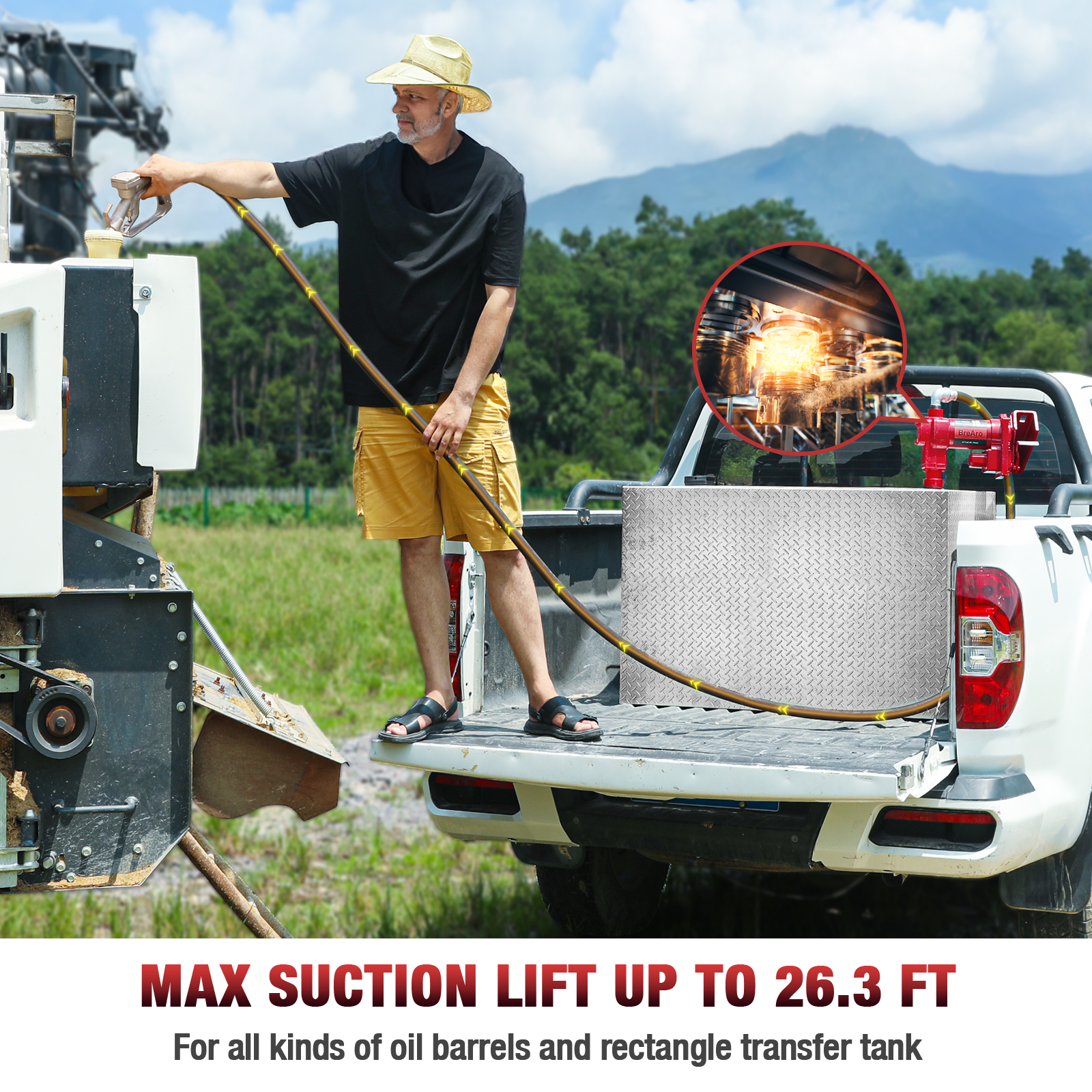 Man using the BreAro 15 GPM fuel transfer pump with a maximum suction lift of 26.3 ft, ideal for oil barrels and rectangular tanks, showcasing efficient and reliable fuel transfer in outdoor settings.