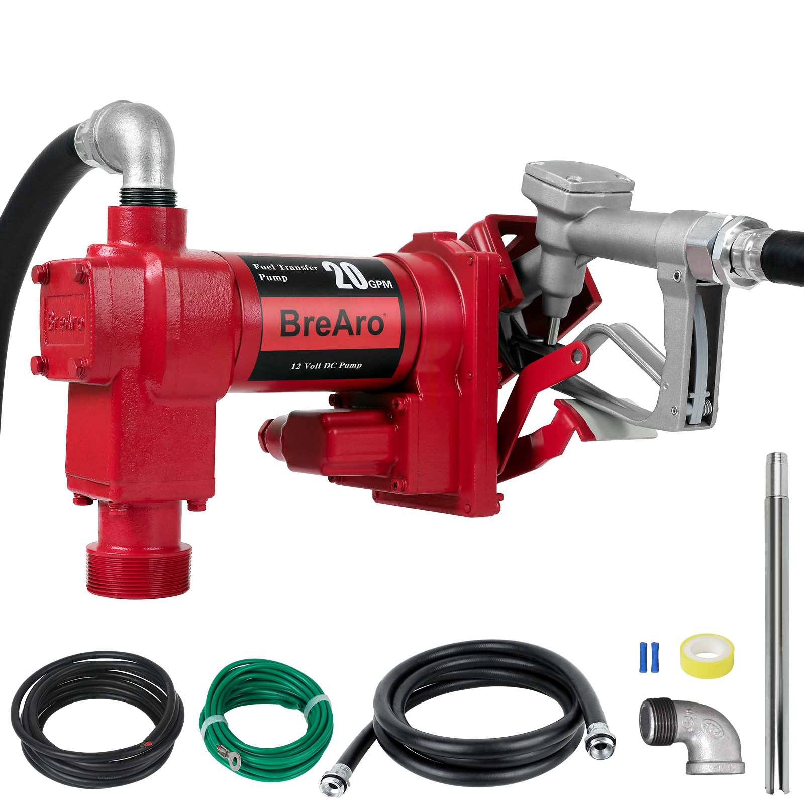 BreAro 20 GPM 12V fuel transfer pump with a manual nozzle and accessories, including a 12-ft hose, 18-ft power cable, NPT elbow connector, adjustable suction pipe, seal tape, and heat shrink tubing.