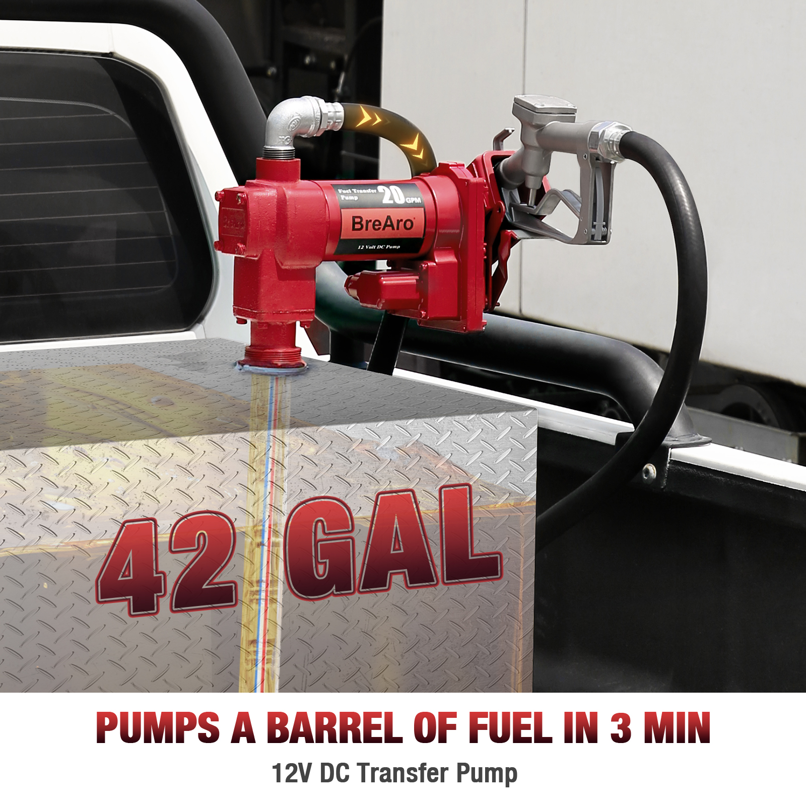 BreAro 12V DC fuel transfer pump installed on a fuel tank, capable of pumping 42 gallons of fuel in 3 minutes, featuring a manual nozzle and durable construction for efficient fuel transfer.