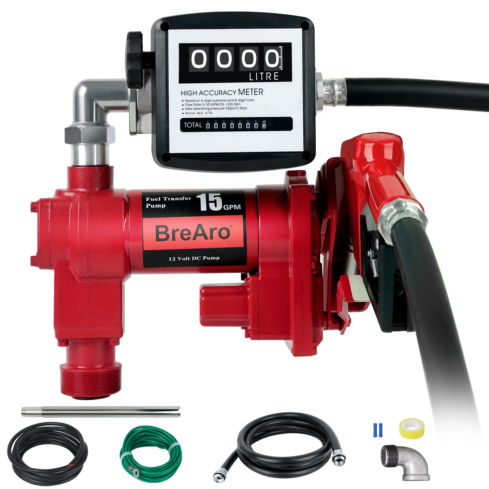 BreAro 15 GPM 12V fuel transfer pump with a high-accuracy mechanical meter, automatic nozzle, and complete accessories, including hoses, suction pipe, and connectors for efficient fuel transfer.