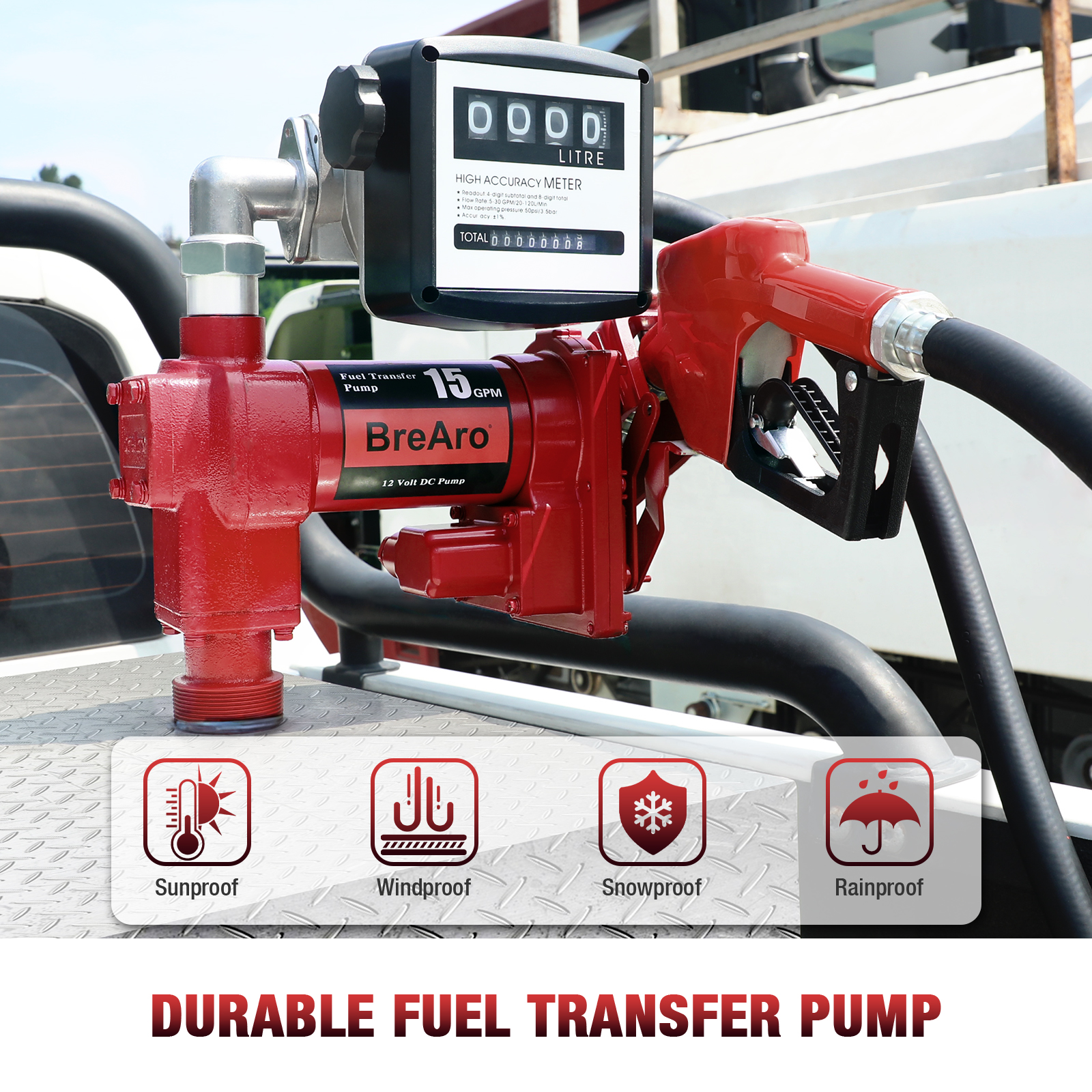 BreAro 15 GPM fuel transfer pump with a high-accuracy meter, showcasing durable construction and weatherproof features, including sunproof, windproof, snowproof, and rainproof capabilities.