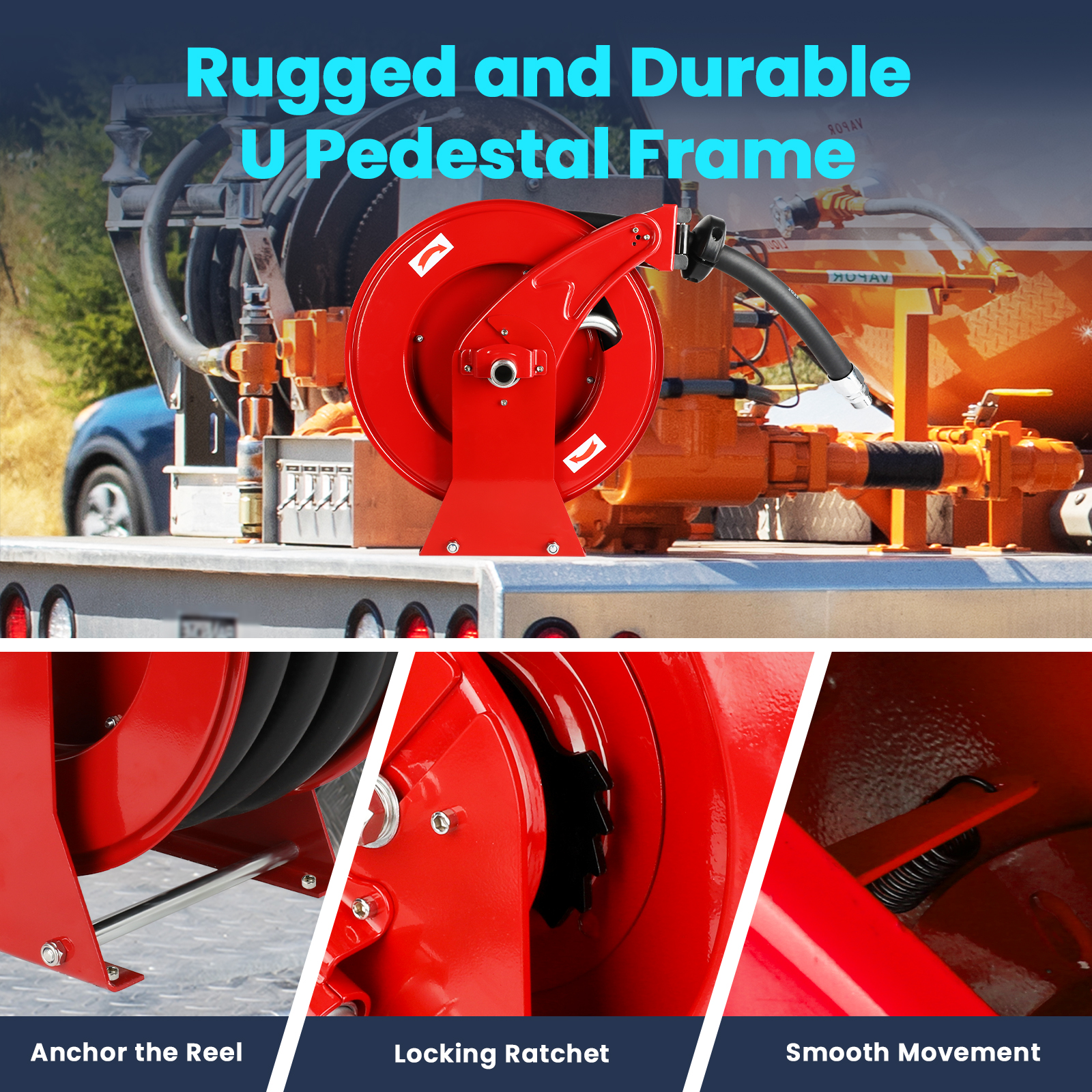 The image showcases a rugged and durable U-pedestal frame fuel hose reel designed for heavy-duty applications. It features an anchor mechanism for secure mounting, a locking ratchet for controlled hose extension, and a smooth movement system for effortless operation. Ideal for industrial, farm, and vehicle refueling tasks.