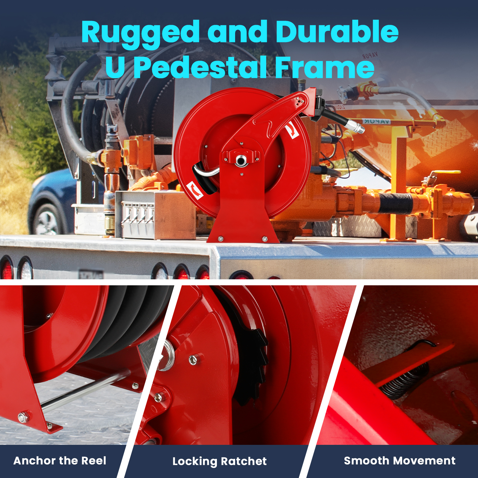 A rugged U pedestal frame fuel hose reel mounted on a truck, featuring secure anchoring, locking ratchet for stability, and smooth movement for efficient operation in industrial environments.