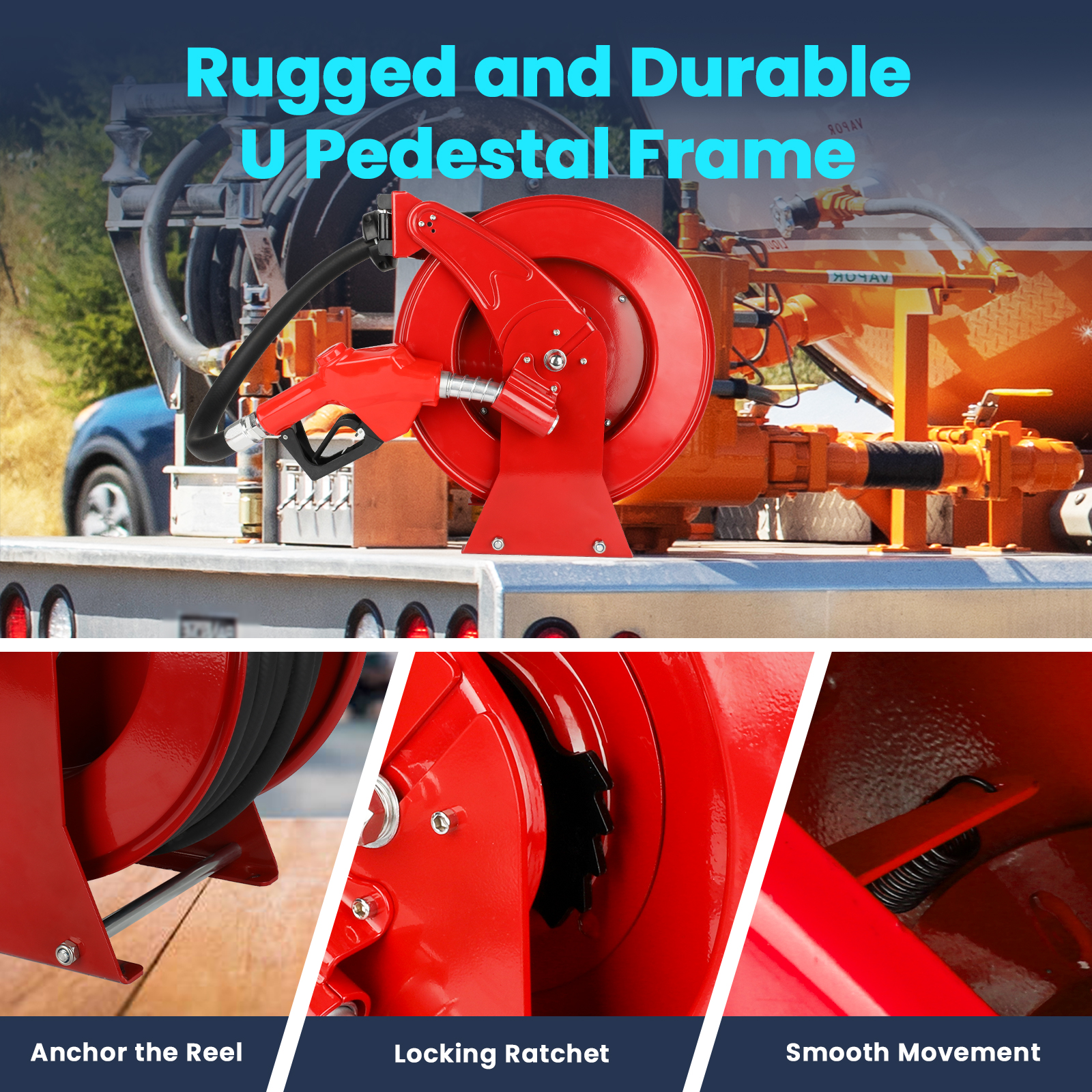 A rugged and durable red fuel hose reel with a U pedestal frame mounted on industrial equipment. Features include a secure anchor system, locking ratchet for stability, and smooth movement for efficient operation. Designed for heavy-duty use in industrial and transportation applications.