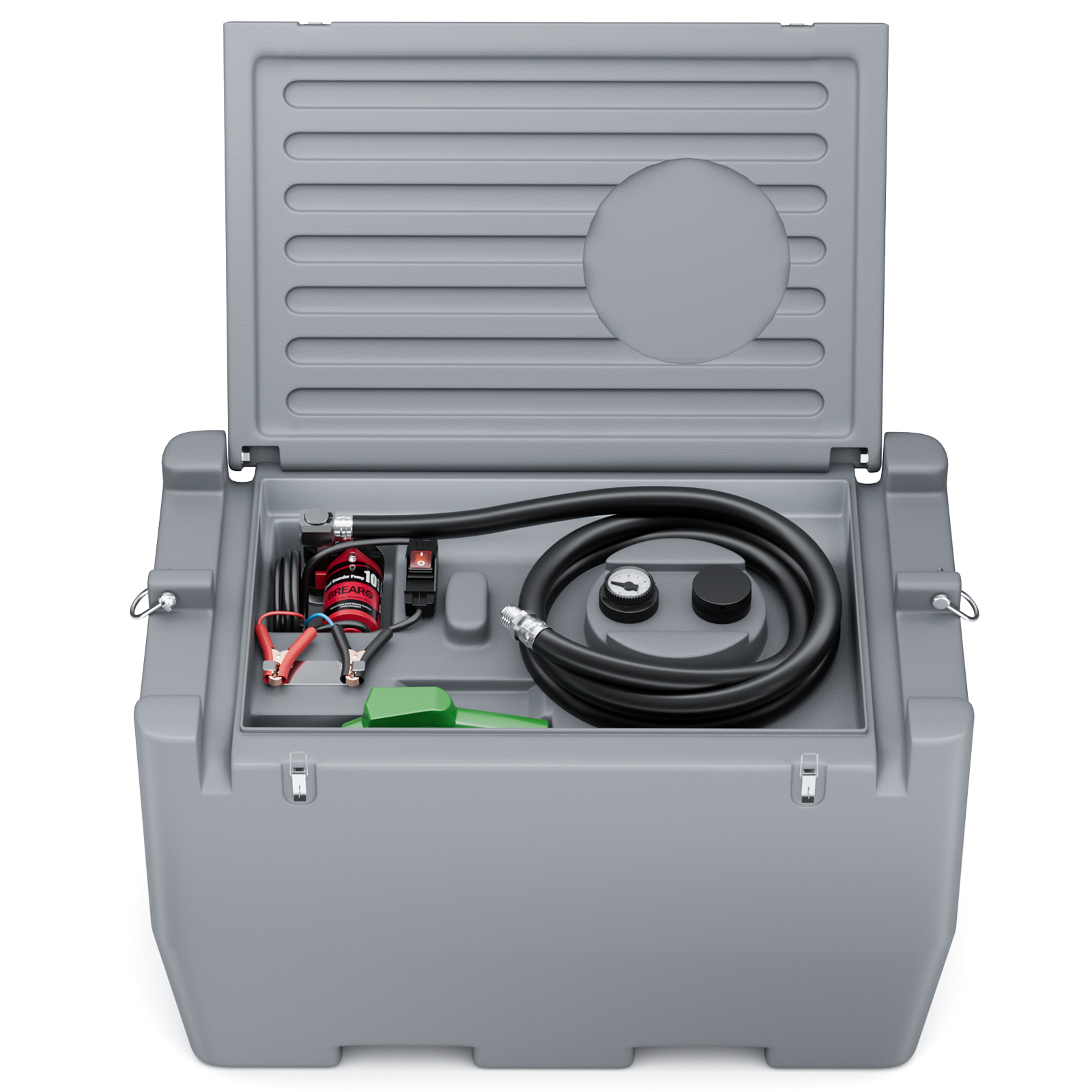 Grey 50-gallon portable fuel tank with internal 12V pump, hose, fuel nozzle, and secure lid. Compact design with weather-resistant build, ideal for trucks, tractors, generators, and mobile refueling.