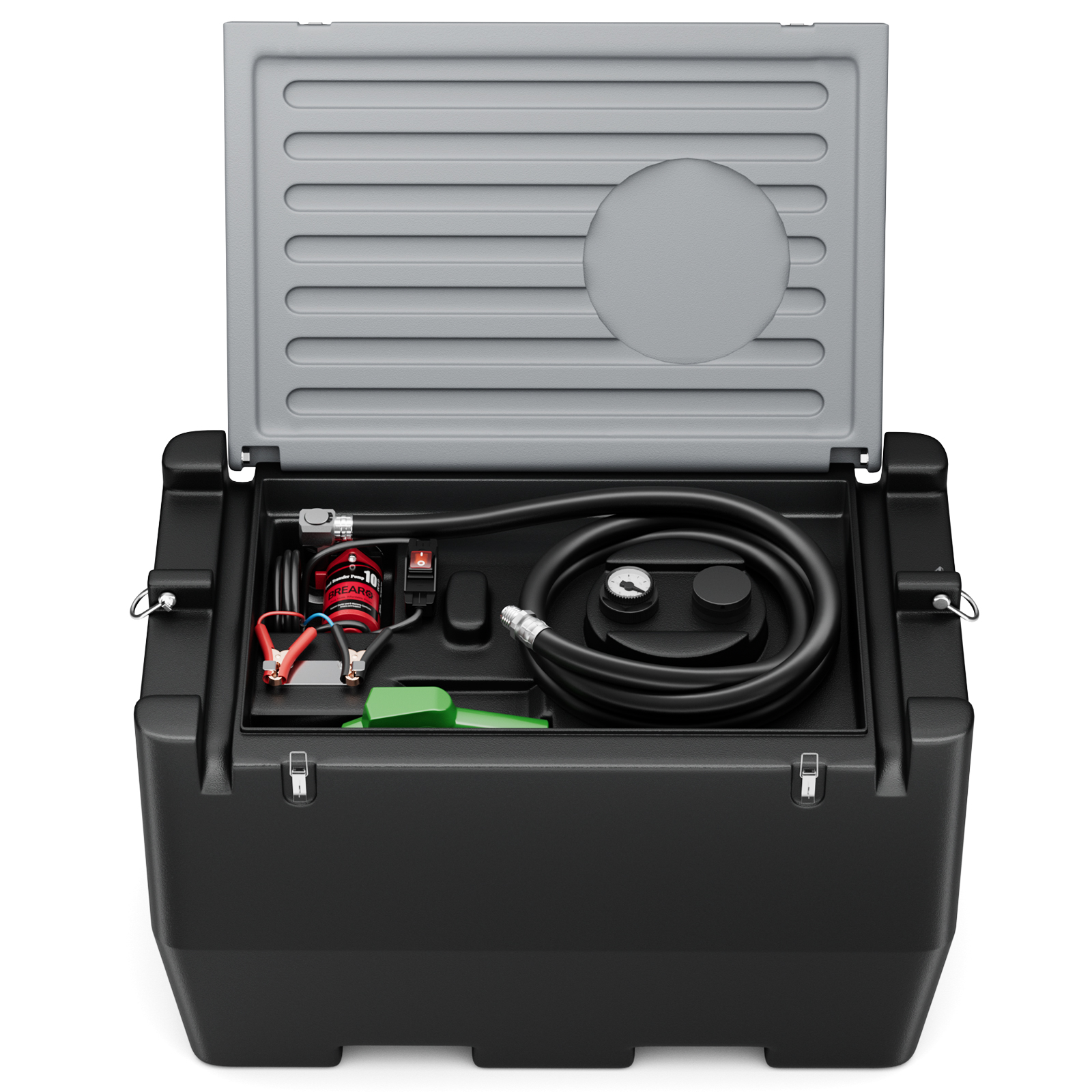 Interior view of a 50-gallon diesel transfer tank featuring a 12V fuel pump, hose, fuel nozzle, and wiring for easy diesel fuel transportation and refueling. The tank includes a secure locking lid for safe storage.