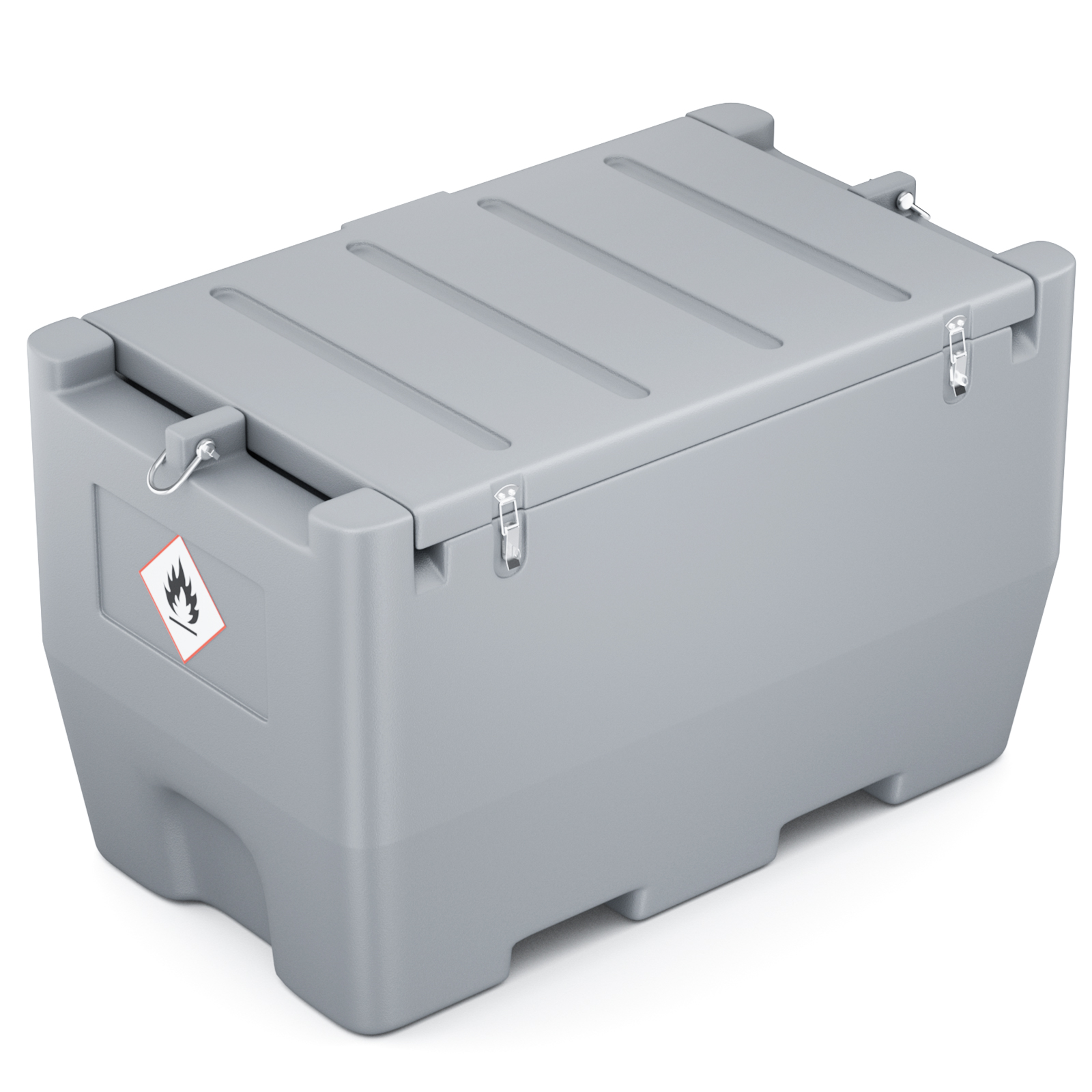 Grey 50-gallon portable fuel tank with lockable lid, durable polyethylene construction, and weather-resistant design. Features lifting handles, forklift pockets, and fuel hazard label, ideal for safe fuel storage and transport.