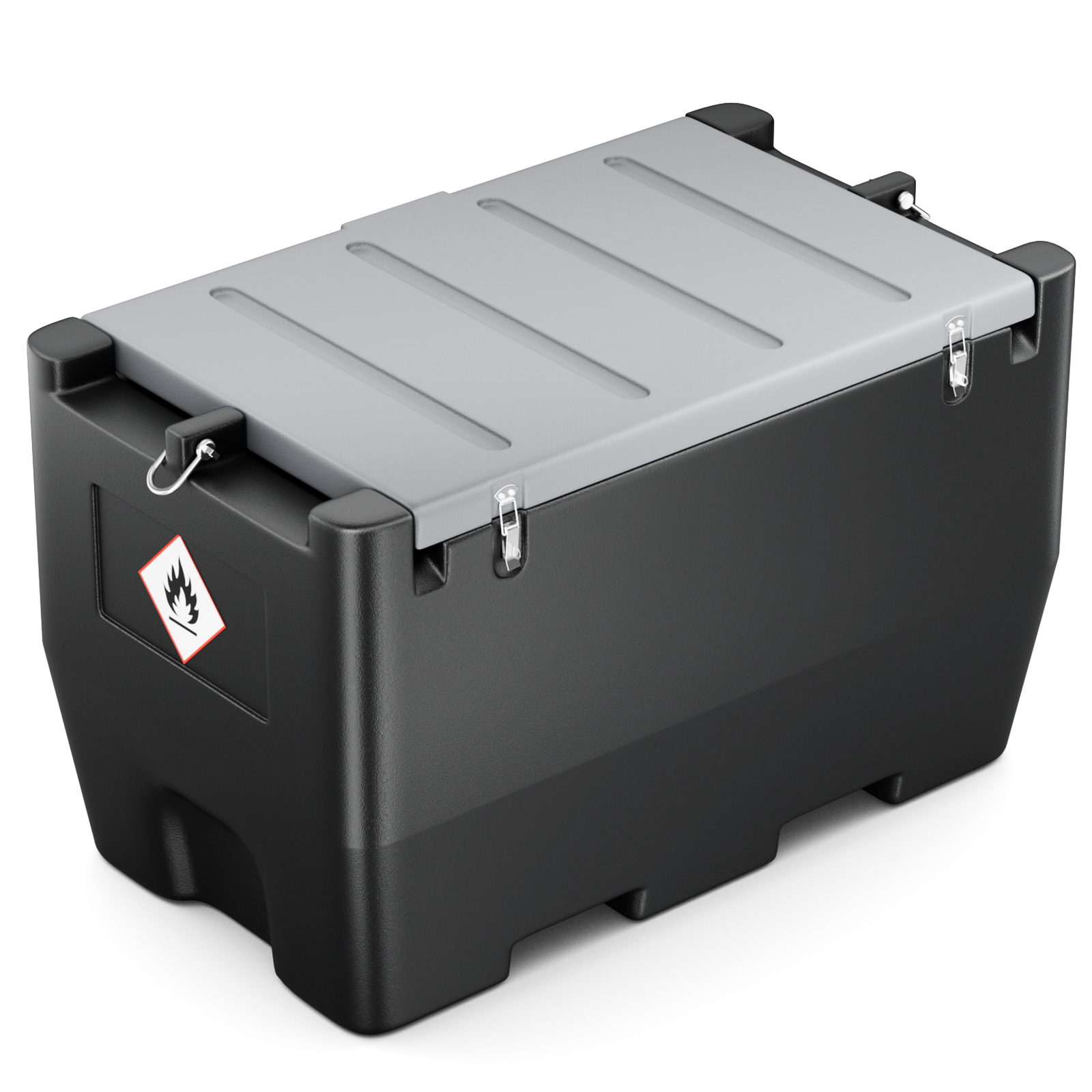 50-gallon portable diesel transfer tank with a durable black base, secure locking lid, and safety warning label, designed for safe and easy fuel storage and transportation. Ideal for trucks, farms, and outdoor use.