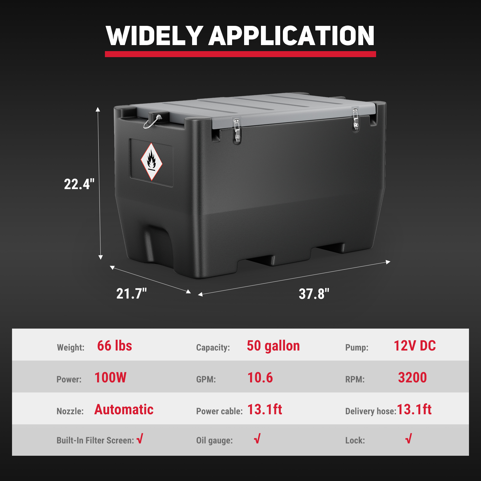 A 50-gallon portable fuel tank is displayed with dimensions (22.4" H x 21.7" W x 37.8" L). Specifications include 66 lbs weight, 12V DC pump, 100W power, 10.6 GPM flow rate, 3200 RPM, automatic nozzle, and 13.1ft delivery hose and power cable. Features: built-in filter, oil gauge, and lock.  