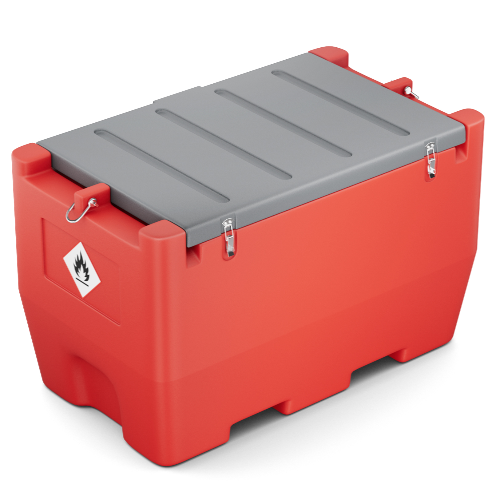 Red portable fuel storage tank with a gray secure lid, featuring safety locks and a flammable material hazard symbol. Ideal for storing and transporting diesel or gasoline in industrial, construction, or outdoor settings. Durable, lightweight design.