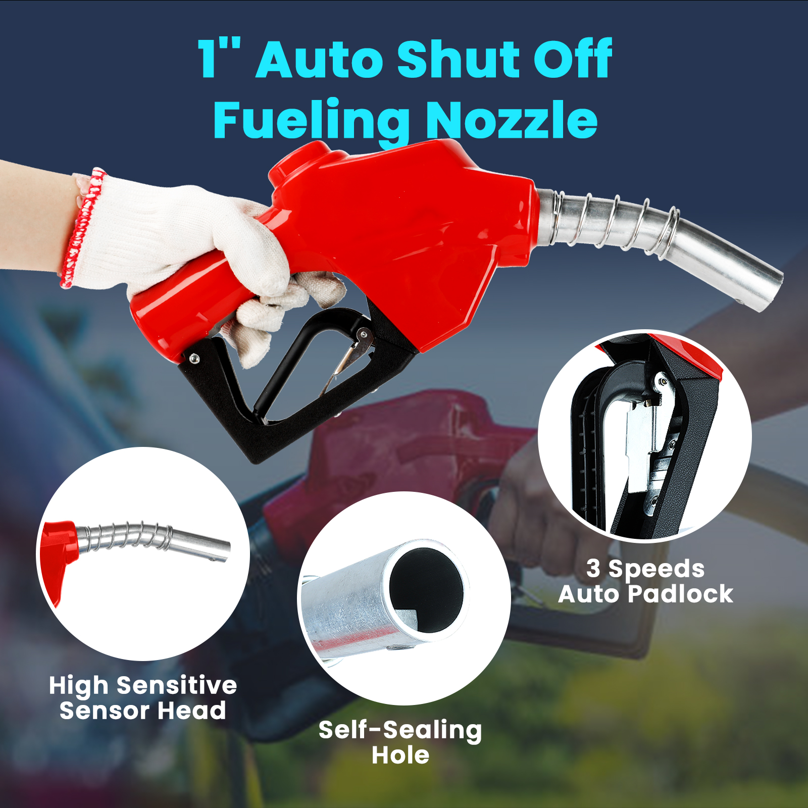A 1-inch auto shut-off fueling nozzle in red, featuring a high-sensitive sensor head, a self-sealing hole to prevent overflows, and a 3-speed auto padlock for adjustable flow control. Designed for efficiency and safety in fuel transfer applications for industrial and professional use.