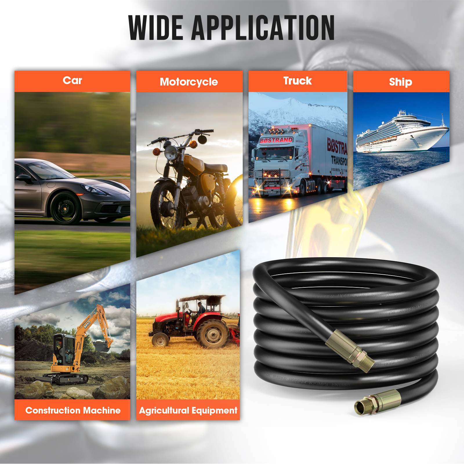 BreAro fuel transfer hose with wide application, compatible with cars, motorcycles, trucks, ships, construction machines, and agricultural equipment. Durable design for versatile fueling needs in various industries.