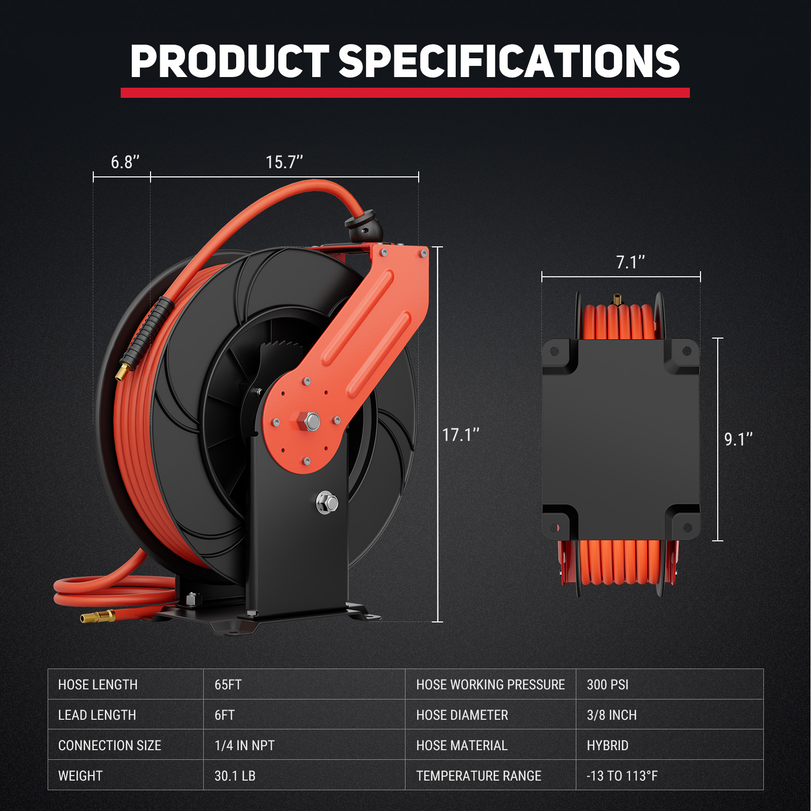 Product specifications for a 65 ft air hose reel, including 300 PSI working pressure, 3/8" hose diameter, 1/4" NPT connection, hybrid material, 6 ft lead-in hose, and dimensions for easy installation.