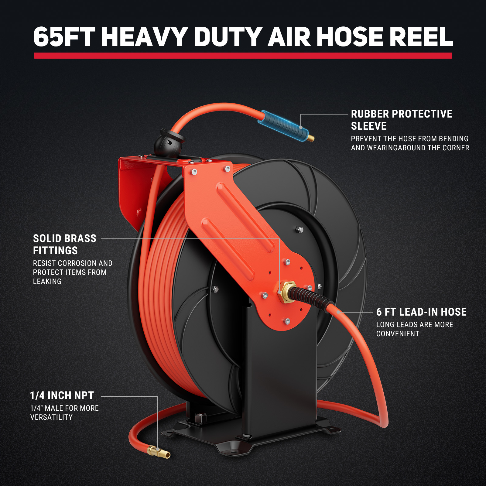 65 ft heavy-duty air hose reel featuring solid brass fittings, a rubber protective sleeve for durability, 6 ft lead-in hose for convenience, and 1/4 inch NPT connection for versatile applications.
