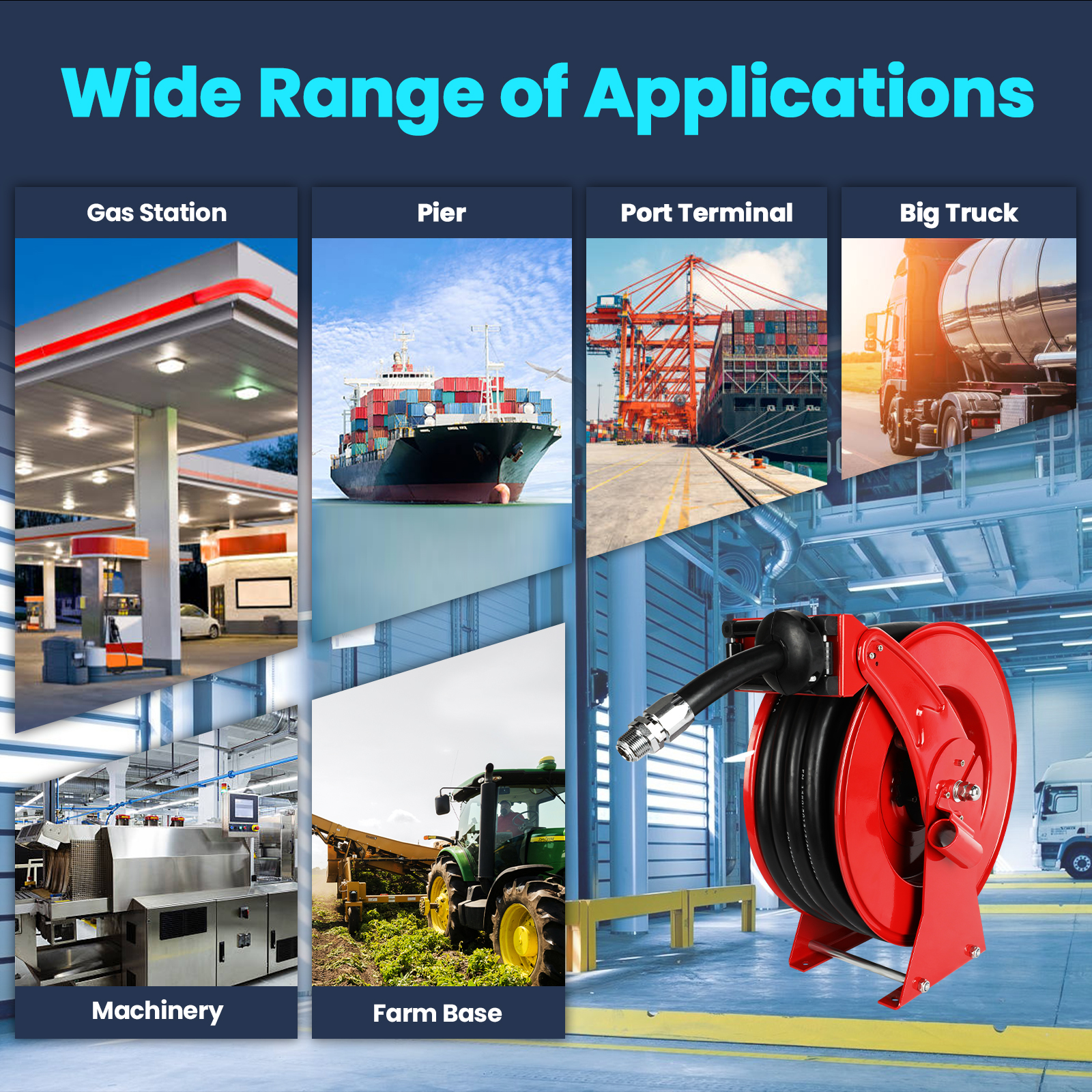 Visual representation of a fuel hose reel's wide range of applications. Highlights include its use in gas stations, piers, port terminals, big trucks, industrial machinery, and farm bases. The durable and versatile design ensures efficient fuel transfer for various industries, including transportation, agriculture, and shipping.