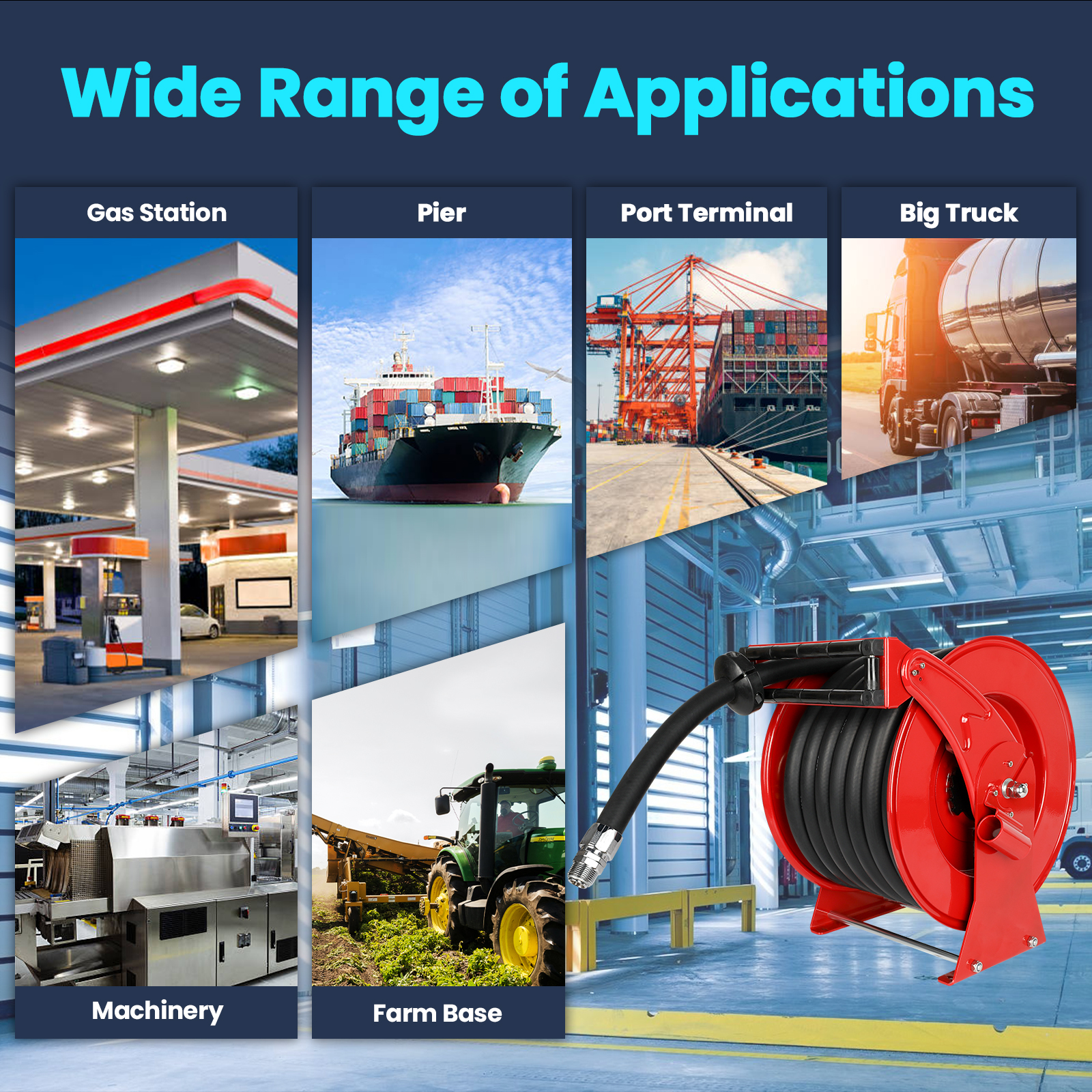The image highlights the wide range of applications for a fuel hose reel, including gas stations, piers, port terminals, and large trucks. It is also suitable for use in machinery, farm bases, and industrial settings. A robust, red fuel hose reel is shown prominently, emphasizing its adaptability and heavy-duty performance.