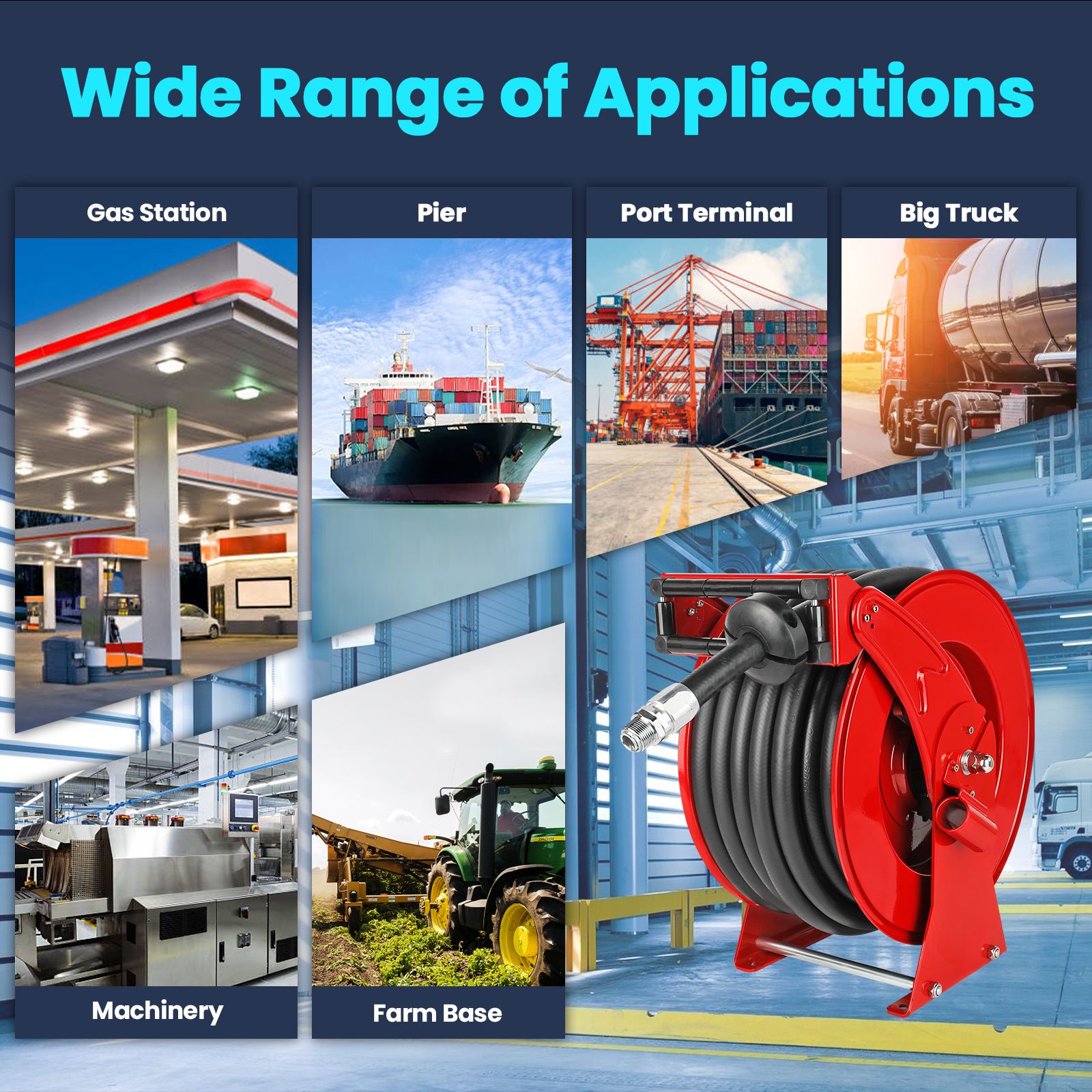 A 66FT fuel hose reel showcasing its wide range of applications, including use at gas stations, piers, port terminals, big trucks, machinery facilities, and farm bases for efficient fueling operations.