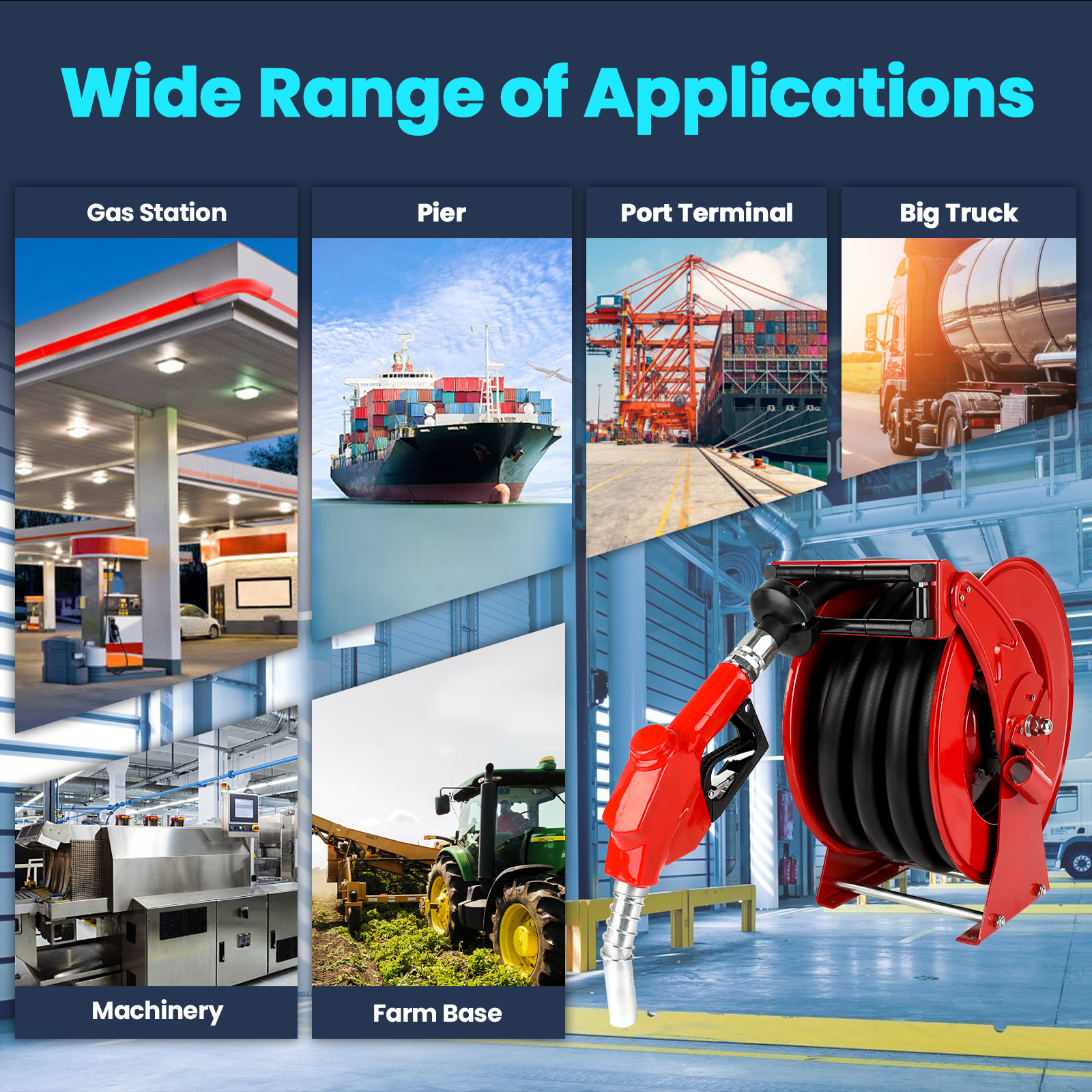 The red fuel hose reel is shown with a wide range of applications, including use at gas stations, piers, port terminals, and for big trucks. Additional settings include industrial machinery and farm bases, demonstrating its versatility and efficiency in fueling diverse equipment and vehicles.