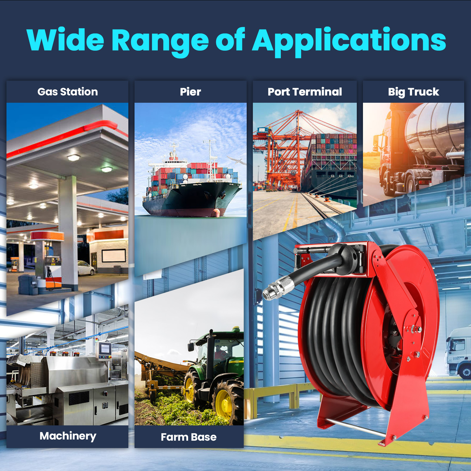 Brearo 1" x 82ft Retractable Diesel Fuel Hose Reel - Heavy Duty Spring Driven, Auto Retract, 300 PSI, Industrial Hose Reel for Aircraft, Trucks, Ships, & Vehicles