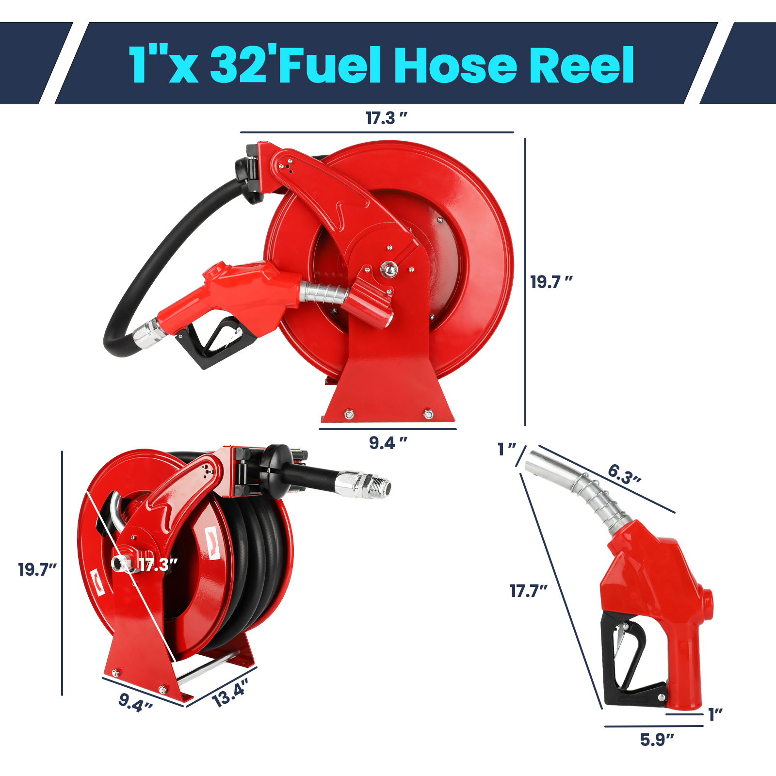 Dimensions of a 1" x 32' red fuel hose reel are displayed. The reel measures 19.7" in height, 17.3" in width, and 9.4" in depth. Includes a durable black hose and a red automatic fueling nozzle, with nozzle dimensions of 17.7" in length and 6.3" in width. Ideal for industrial fuel transfer applications.