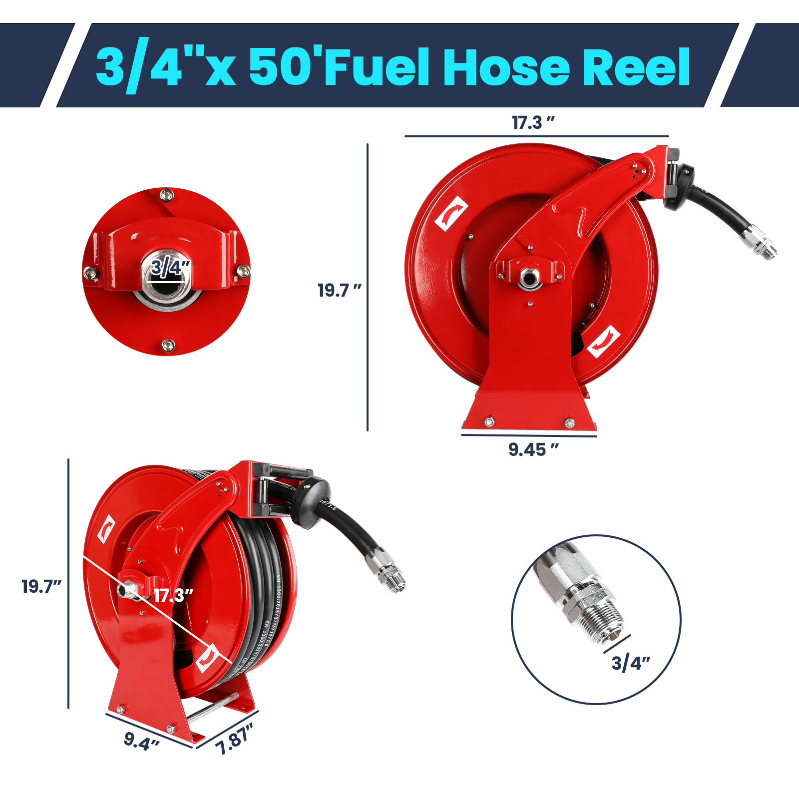 Detailed dimensions of a 3/4-inch by 50-foot fuel hose reel, showcasing its compact yet robust design. The reel measures 19.7 inches in height, 17.3 inches in width, and 9.45 inches in depth. Features include a 3/4-inch inlet connector, durable steel construction, and a swivel design for ease of use, perfect for industrial and vehicular applications.