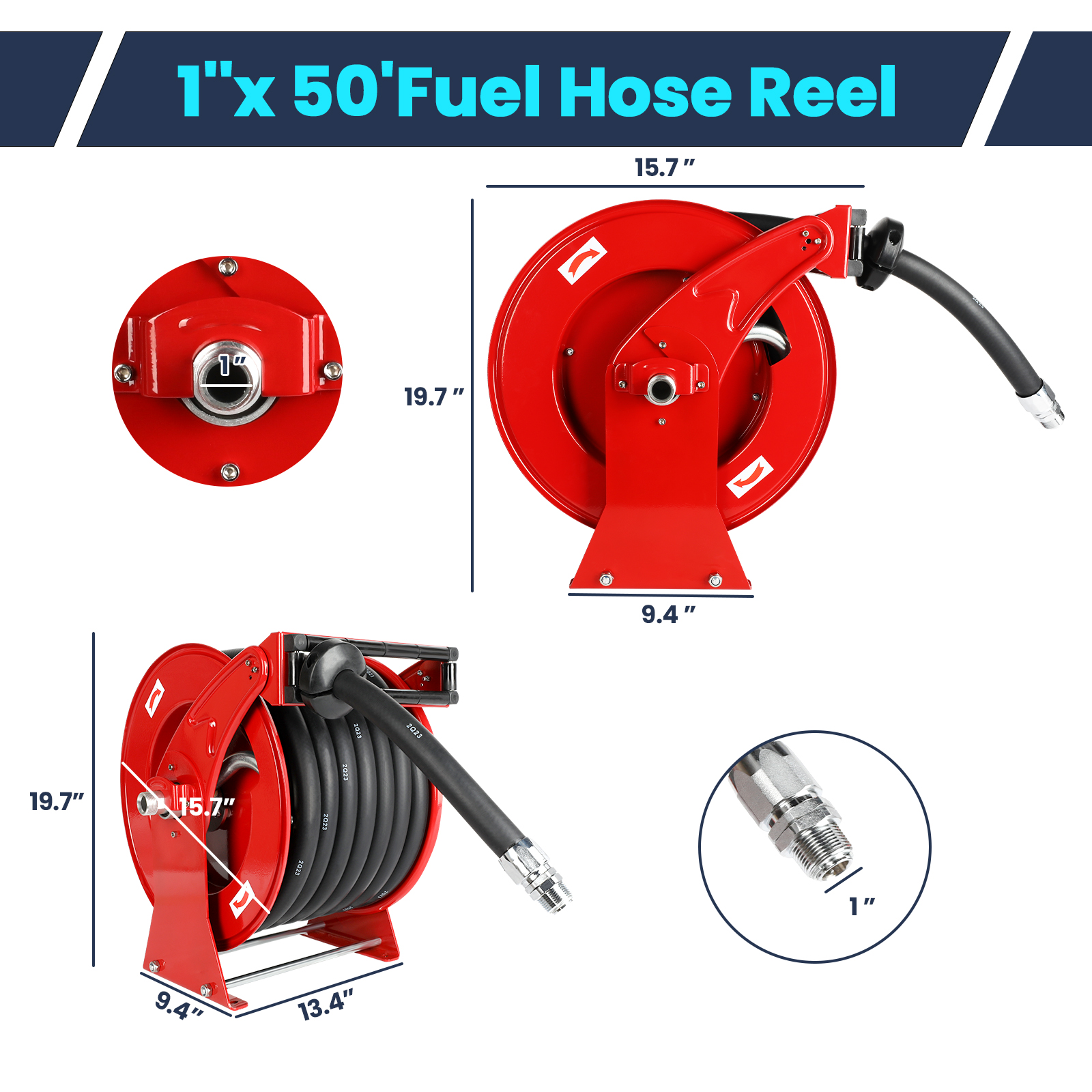 Dimensions and features of a 1-inch x 50-foot fuel hose reel are shown. The red powder-coated steel reel measures 19.7" in height, 15.7" in depth, and 9.4" in width. The reel includes a durable rubber hose, reinforced connectors, and swivel components. Ideal for industrial, agricultural, and transportation applications. Durable and built for heavy-duty use.