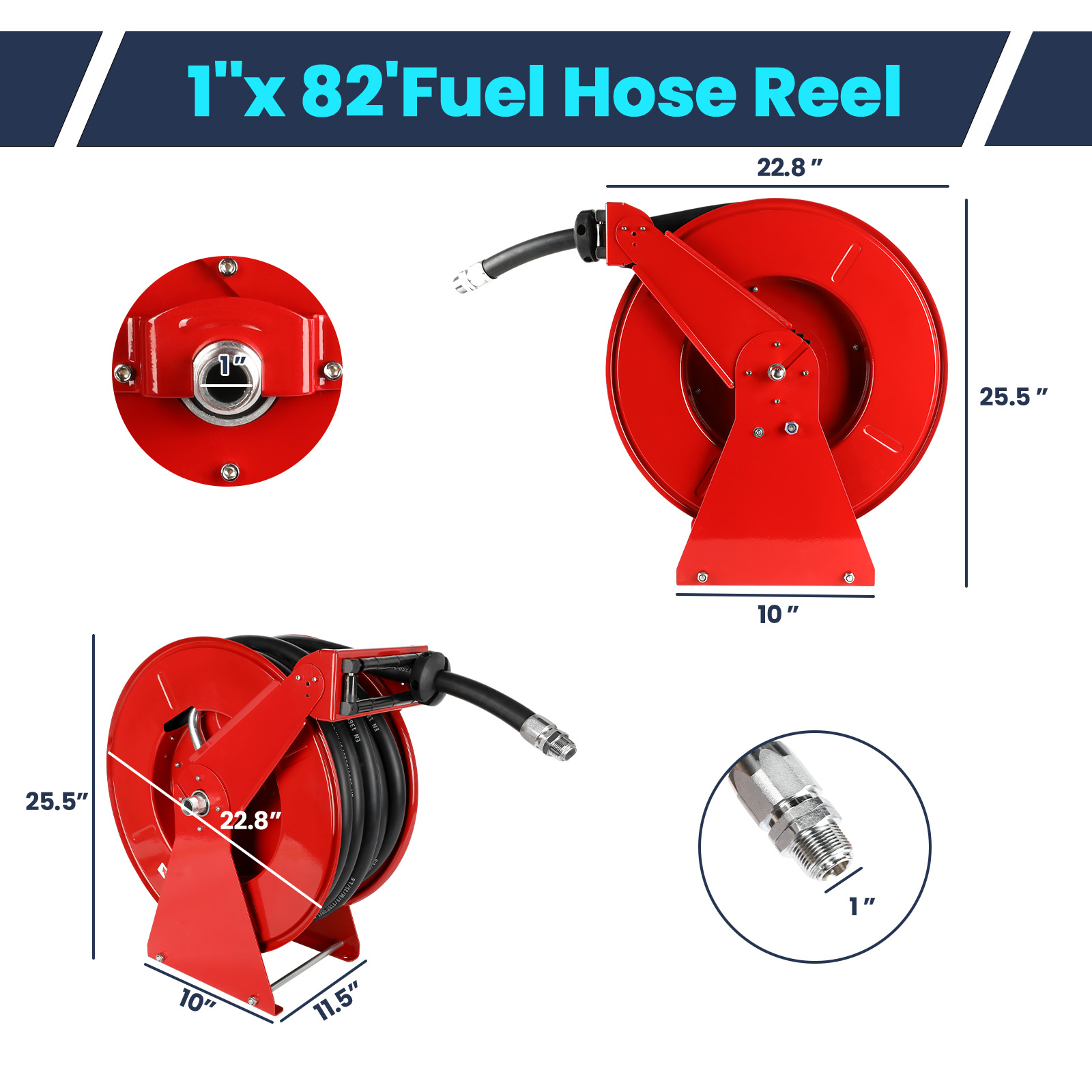 Brearo 1" x 82ft Retractable Diesel Fuel Hose Reel - Heavy Duty Spring Driven, Auto Retract, 300 PSI, Industrial Hose Reel for Aircraft, Trucks, Ships, & Vehicles