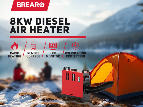 8KW diesel air heater with rapid heating, remote control, LCD monitor, and overheating protection, shown in a winter camping scene with an orange tent by a snowy lake and a campfire in the background.