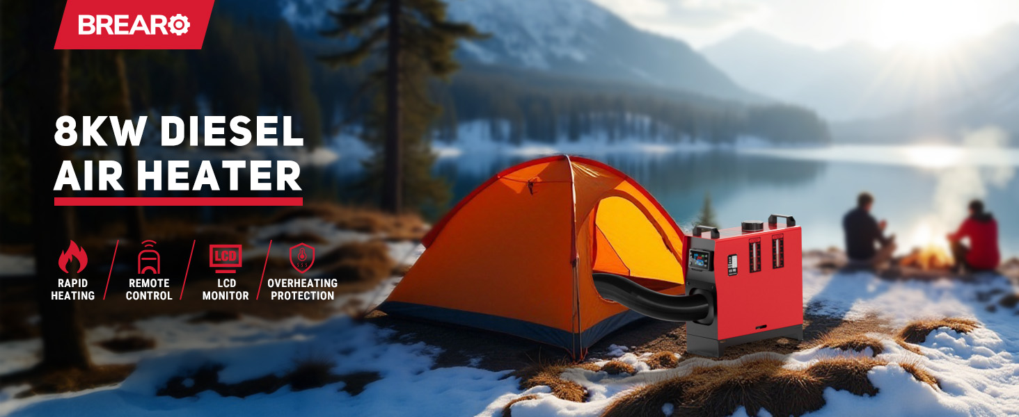 8KW diesel air heater with rapid heating, remote control, LCD monitor, and overheating protection, shown in a winter camping scene with an orange tent by a snowy lake and a campfire in the background.