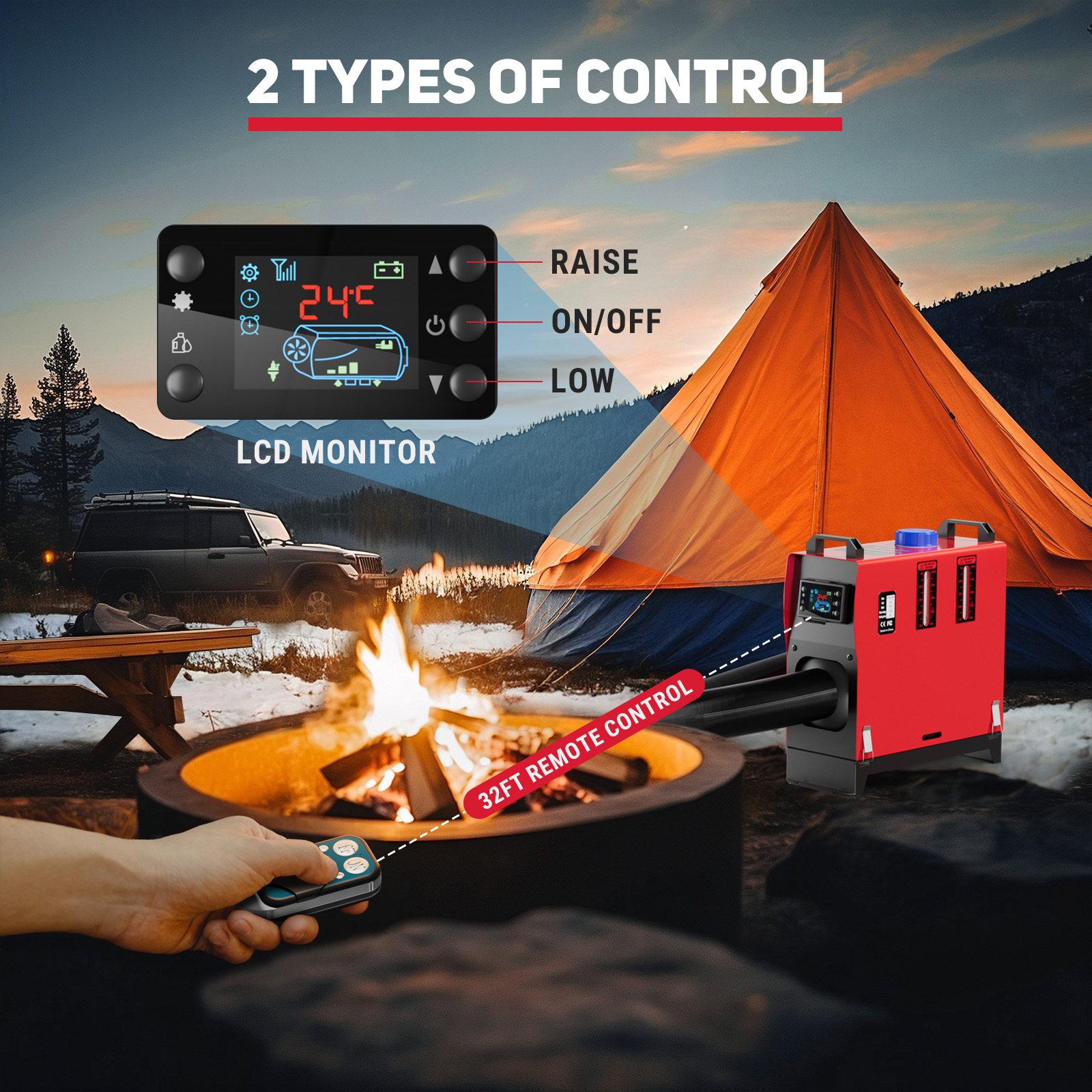 A portable 8KW 12V diesel air heater shown next to a campfire and tent, highlighting its dual control options: an LCD monitor and a 32ft remote control, ideal for outdoor heating.