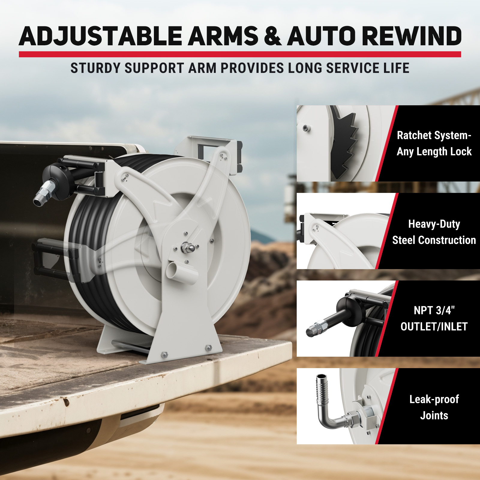 Fuel hose reel with adjustable arms and auto rewind. Features include a ratchet system for length lock, heavy-duty steel construction, NPT 3/4'' outlet/inlet, and leak-proof joints for efficient fueling.