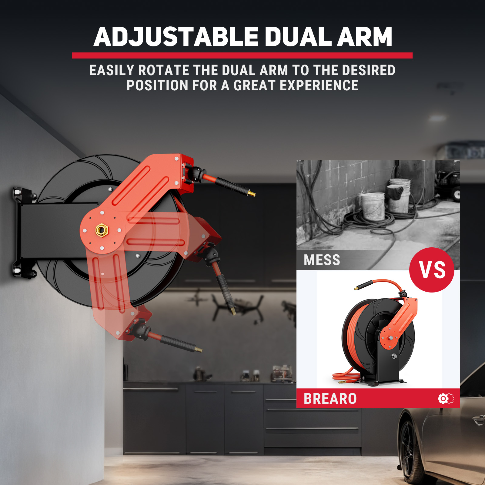 Adjustable dual-arm air hose reel with a rotatable design for precise positioning, featuring a clean setup comparison, ideal for garages and workshops to eliminate clutter and improve efficiency.