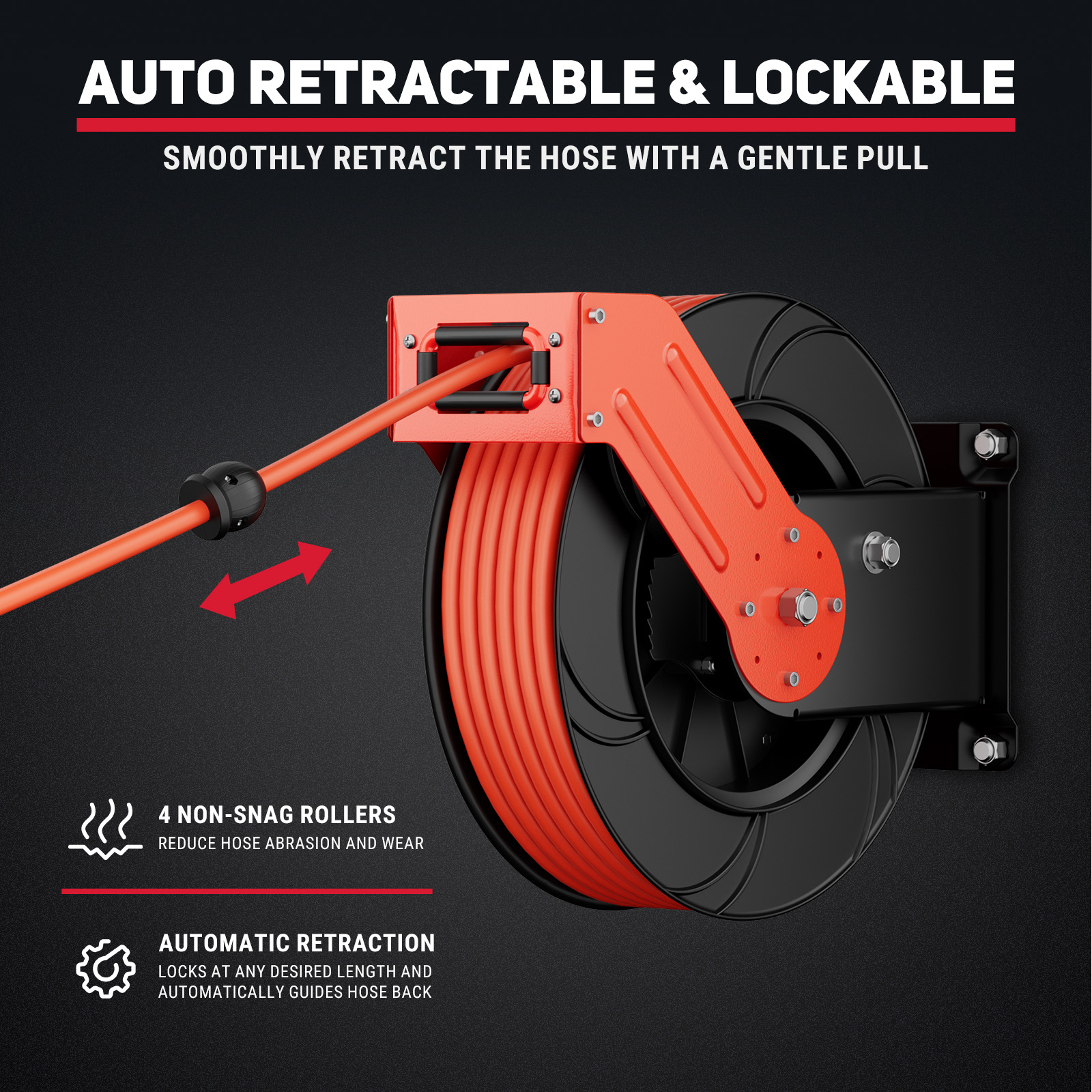 Auto-retractable air hose reel featuring 4 non-snag rollers to reduce wear, smooth retraction with a gentle pull, and lockable positions for customizable hose length. Durable and efficient design for heavy-duty use.