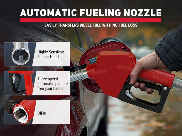 A fuel transfer pump in action, transferring fuel from a 42-gallon barrel to a car, highlighting the high-speed performance with a 10 GPM flow rate and 16.4 FT max suction lift. Features a sturdy design for easy installation.