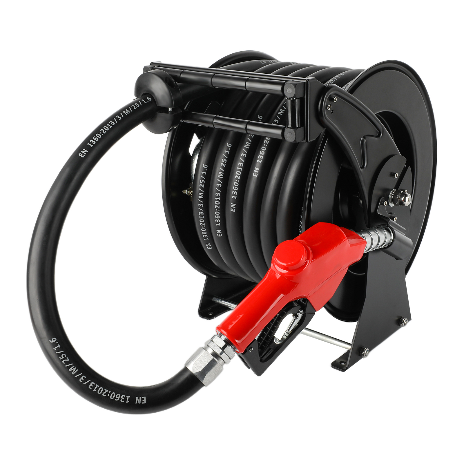 BreAro 1" x 50ft Diesel Hose Reel with Refueling Nozzle in black, designed for durable and efficient refueling with high-quality materials and a spring-driven retraction system for industrial applications.