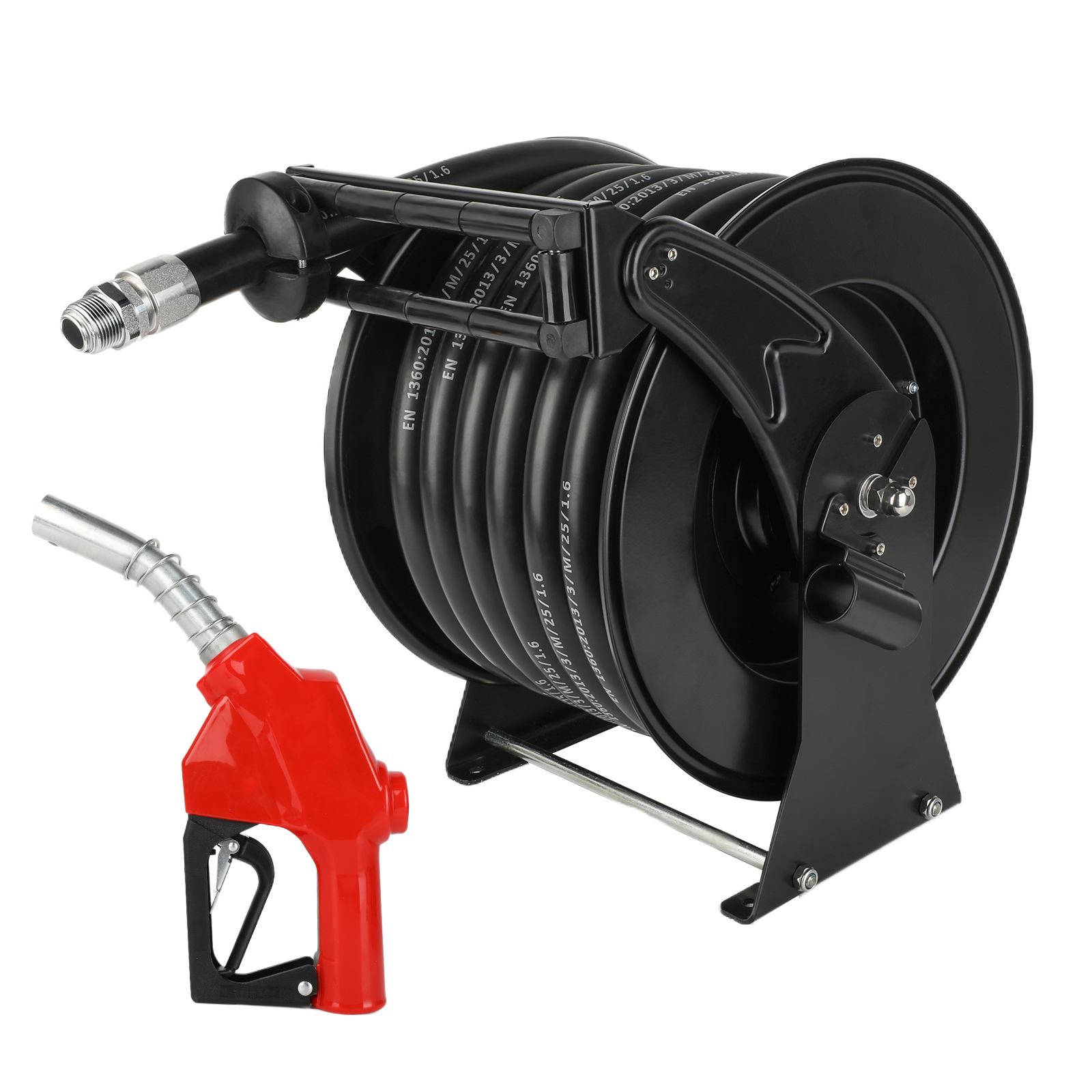 BreAro 1" x 50ft Diesel Hose Reel with Refueling Nozzle in black. Industrial-grade design for efficient refueling with high-quality materials and a reliable spring-driven retraction system.