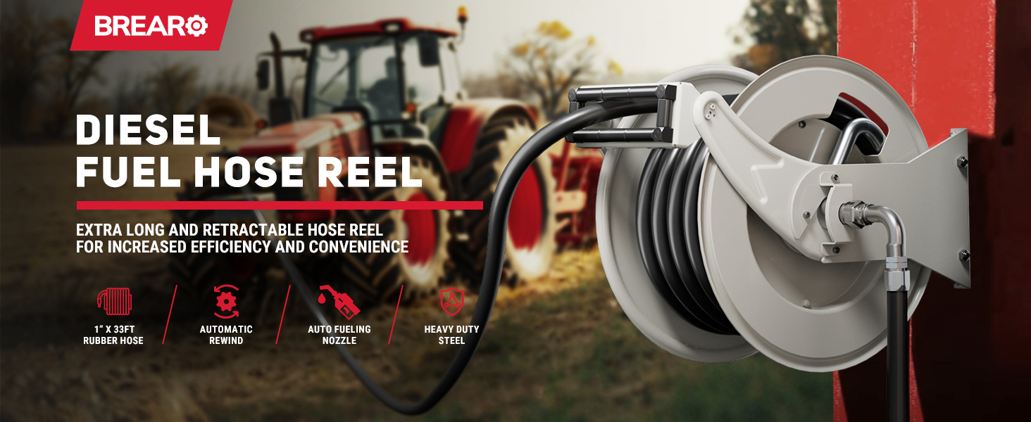 BreAro 1" x 33ft Diesel Fuel Hose Reel with automatic rewind, auto fueling nozzle, and heavy-duty steel construction, designed for efficient and convenient long-distance diesel fueling. Ideal for industrial and agricultural use.