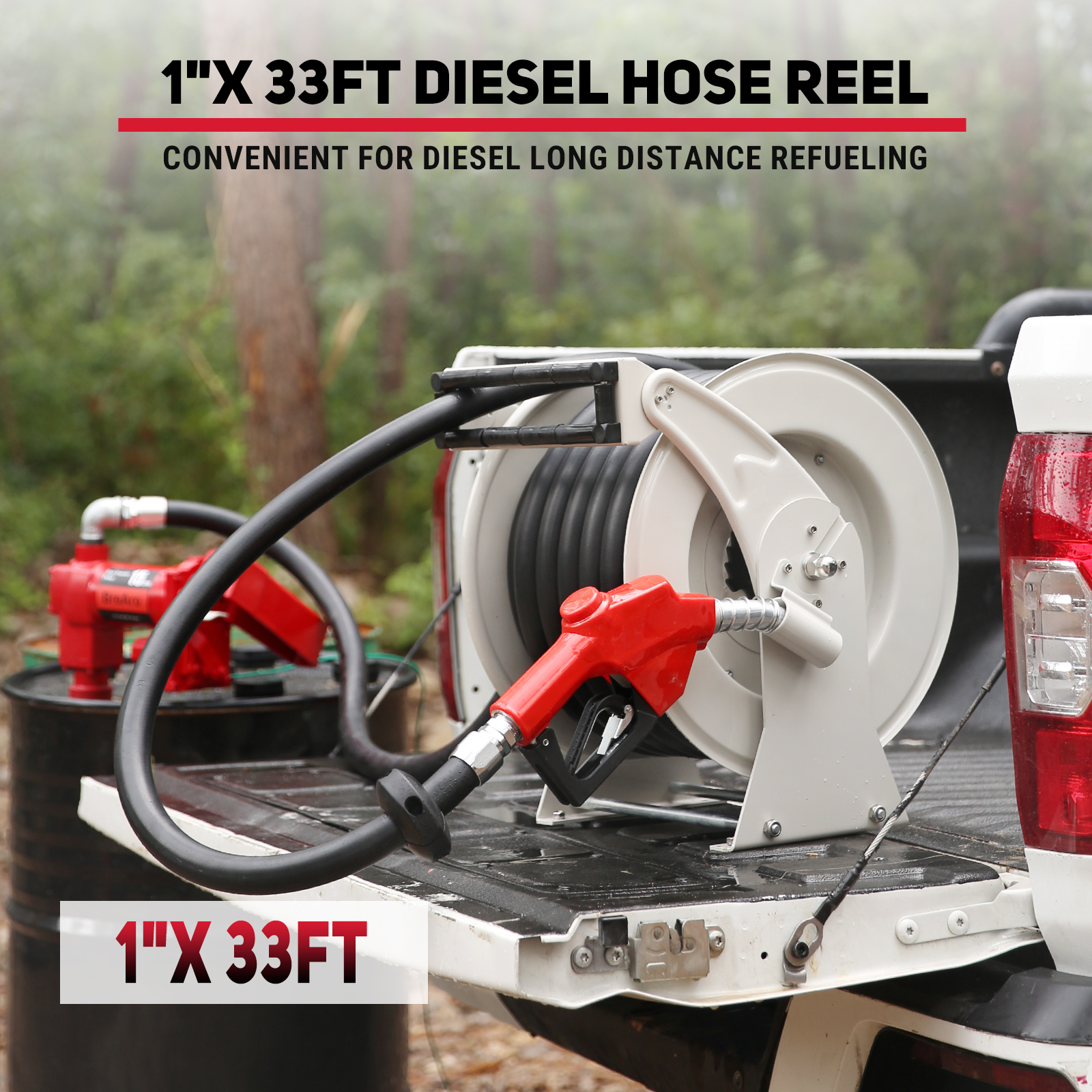 BreAro 1" x 33ft diesel fuel hose reel with fueling nozzle, ideal for long-distance diesel refueling. The reel provides easy, efficient fueling for vehicles, trucks, and equipment, designed for heavy-duty and industrial use in outdoor environments.