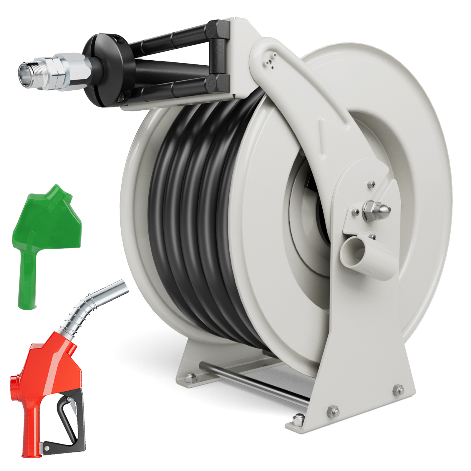 BreAro 1" x 50' Retractable Fuel Hose Reel with a fueling nozzle and heavy-duty steel construction. The reel features smooth operation, perfect for fueling vehicles, ships, and heavy machinery, offering durability and efficiency in industrial settings.
